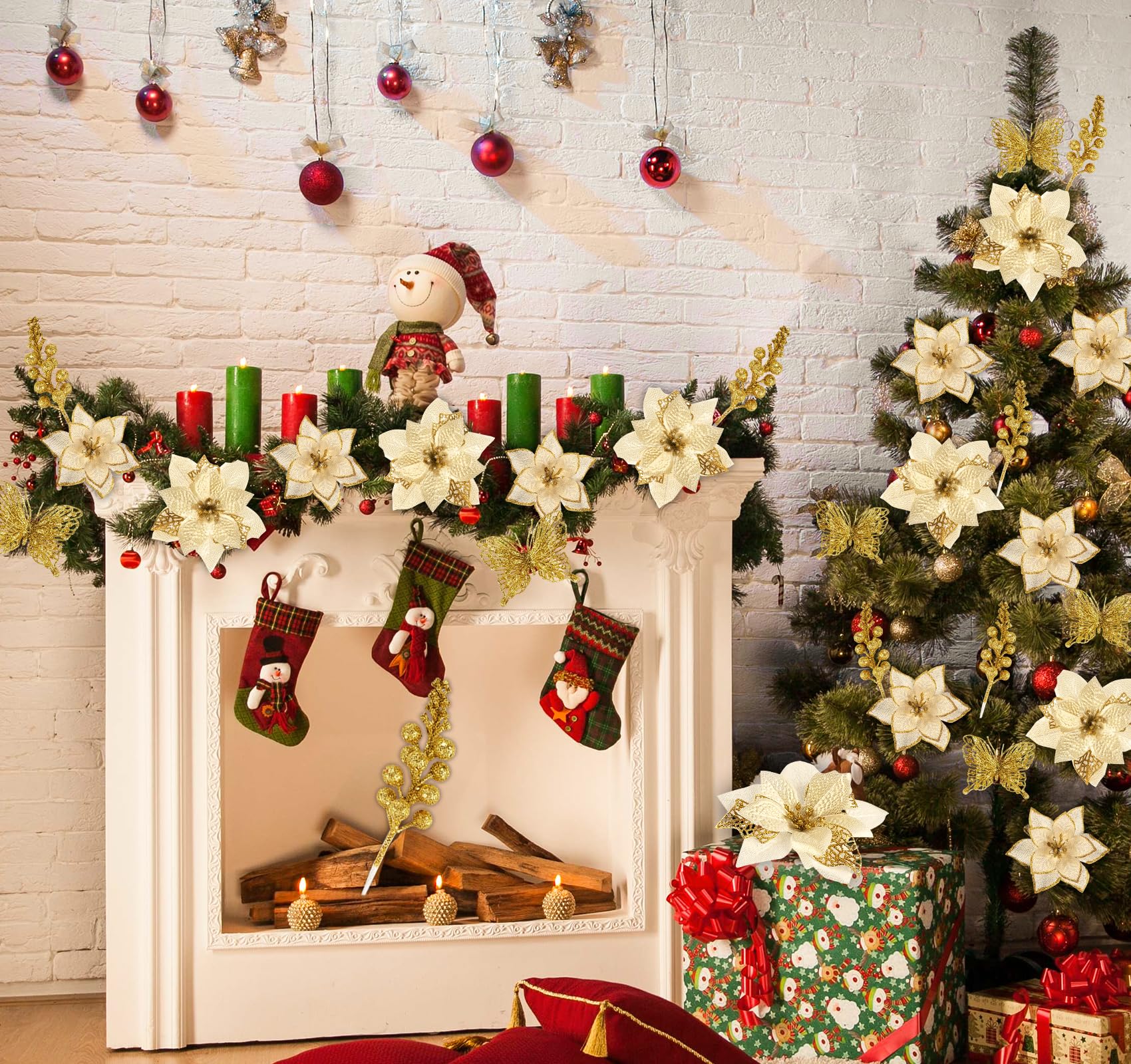 Glitter Kunstmatige Kerst Bloemen Goud,ilauke 30 Kerstkerststerren Kunstbloemen met 10 Vlinders 10 Bessen Stengels 30 Stengels 30 Clips voor Kerstboomdecoraties,Slinger Krans Decoratie voor Bruiloft