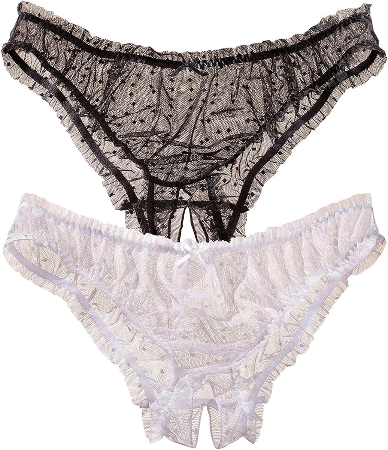 LASCANA Women's 2-Pack Sheer Open Panties - Soft Mesh, Ruffled Hem, Dotted Pattern, Crotchless Design