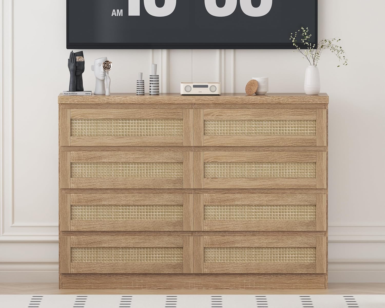 47 Inch Rattan 8 Drawer Dresser, Modern Farmhouse Chest of Drawers, Tv Stand Dresser Accent Furniture for Living Room, Bedroom, Entryway