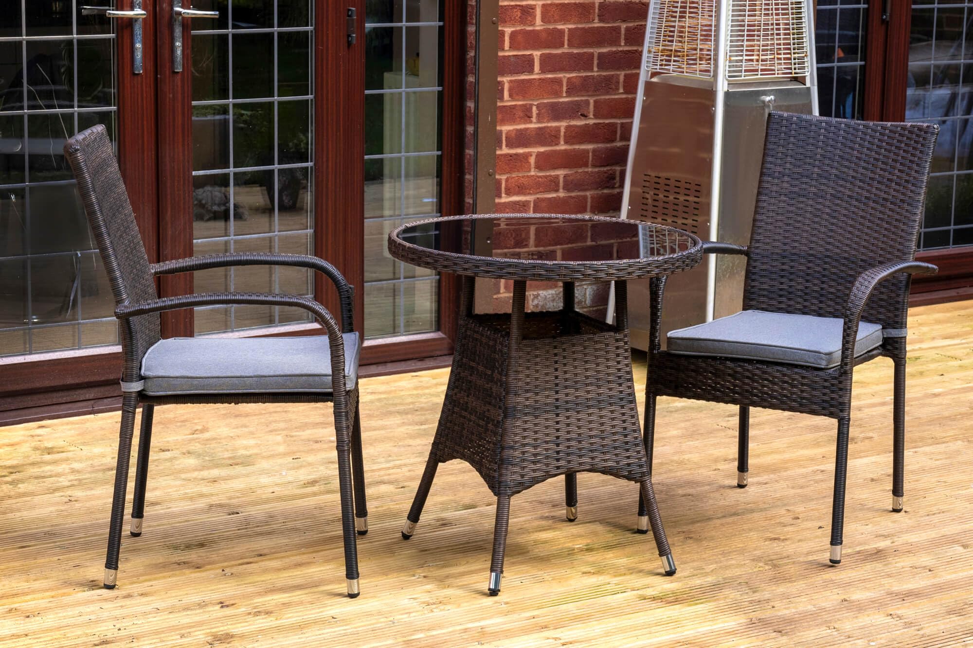 Signature Homes and Gardens SH&G Heaton 2 Seat Bistro Set | 3 Piece Round Table & Chairs | Brown Rattan with Grey Cushions | Indoor & Outdoor