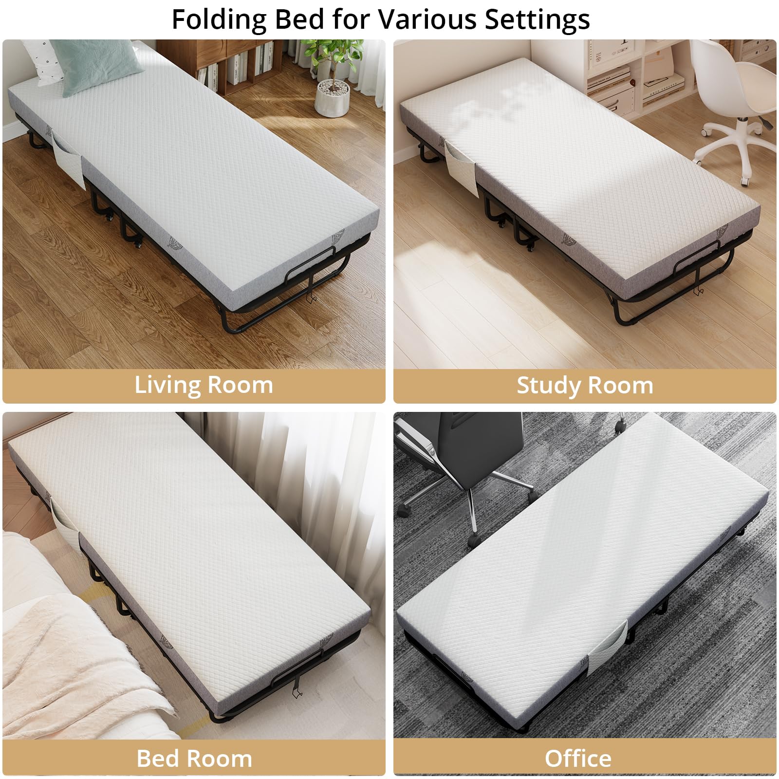 VOWNER Lit Pliant 1 Personne 90 x 200 cm, lit d'appoint avec Matelas en Mousse Mémoire et Couverture de Poussière，Structure Robuste ET 4 Roues, Charge 200 kg