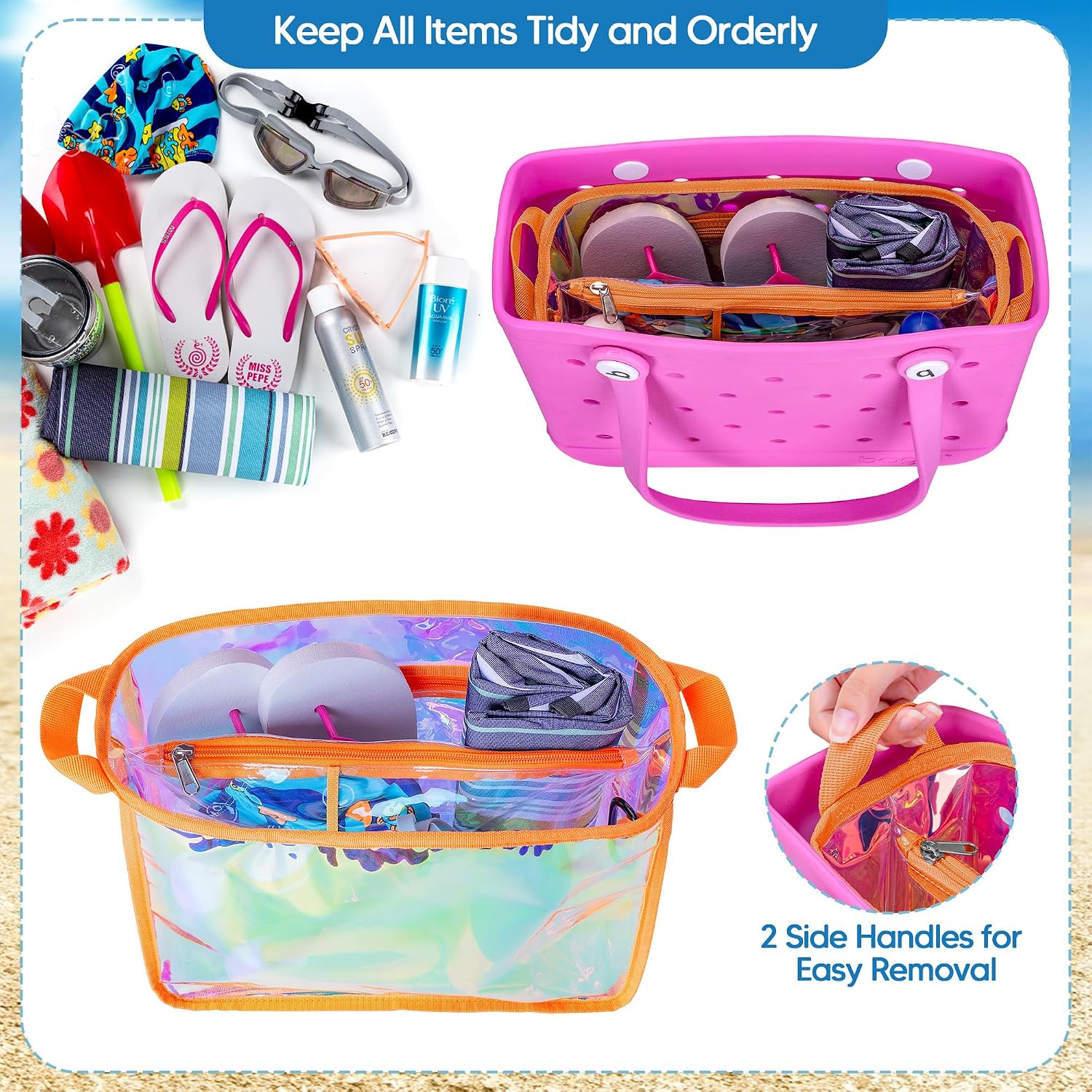 Rexmica Iridescent Beach Bag Organizer Insert (12.4in x 10.2in x 4.3in) Compatible with Bogg Bag(15in x 13in x 5.25in), Beach Bag Insert Divider Pouch Waterproof Liner, Orange
