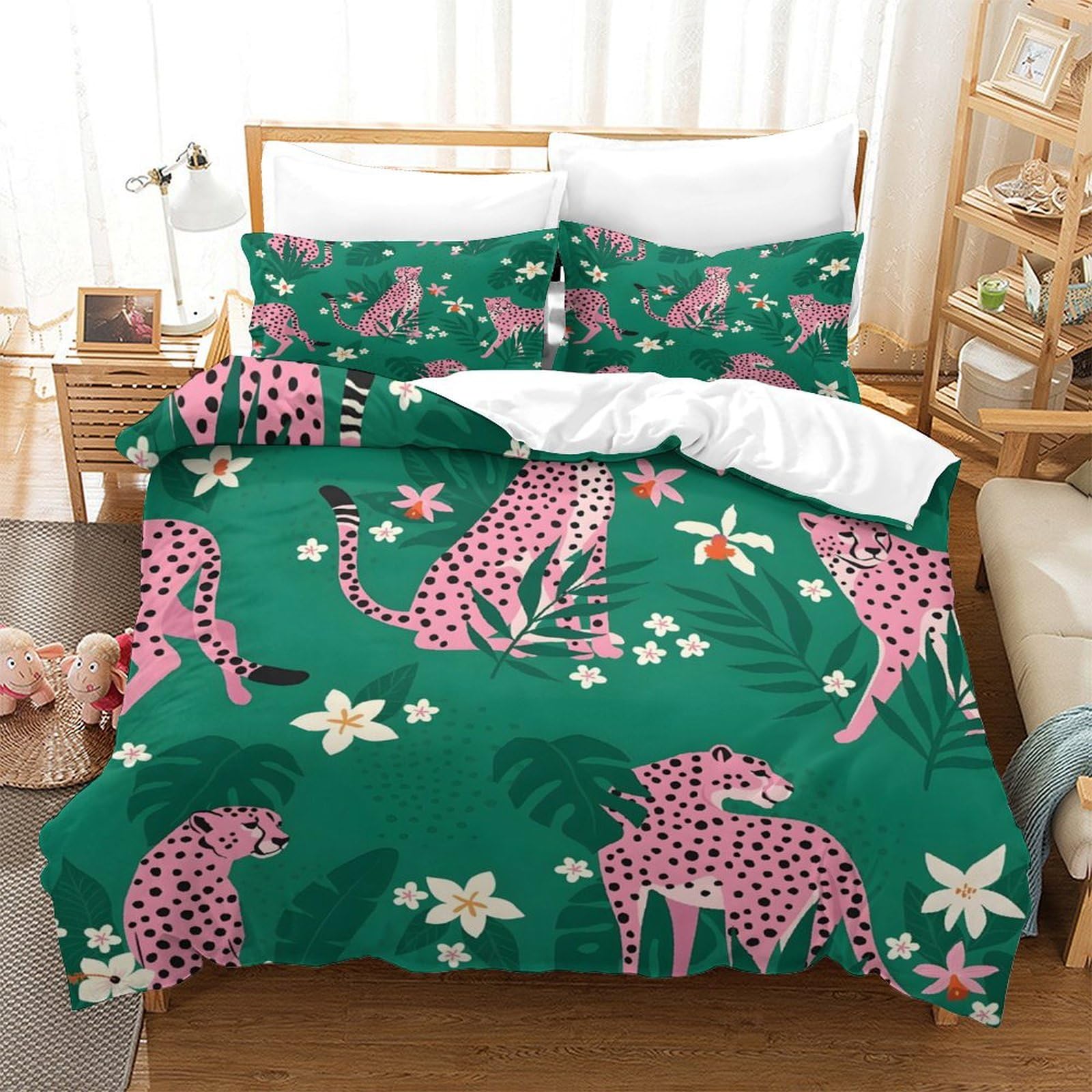 GDEKCIEAS Pink Leopards Tropical Leaves 3Pcs Bedding Set for Adults,Breathable Duvet Cover And Comforter Set,Lightweight Quilt Cover for Home Single（140x200cm）