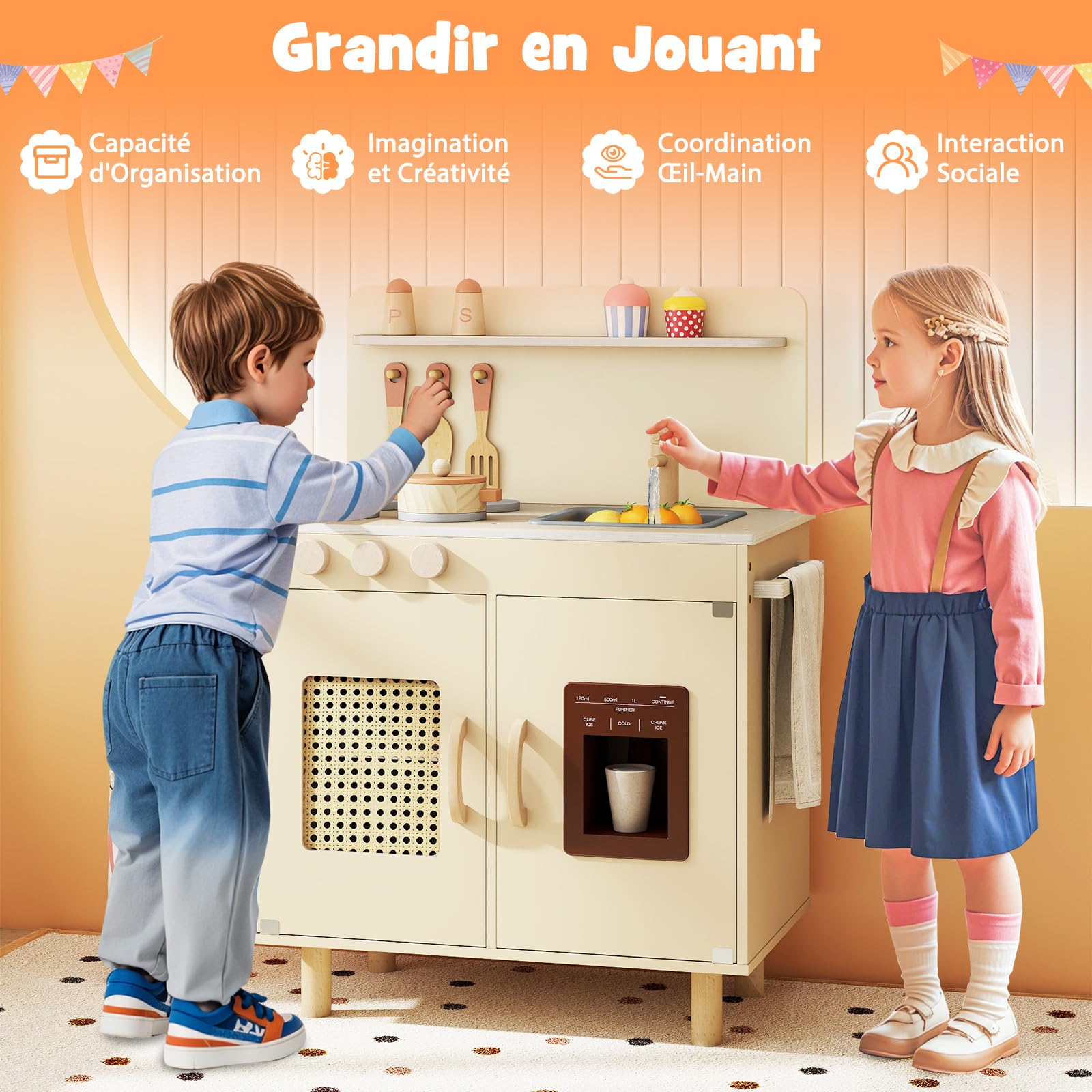 COSTWAY Cuisine Enfant en Bois avec Distributeur de Glace, 11 Accessoires, Jeu de Cuisine avec Cuisinière et Évier, Étagères et Armoire et Porte-Serviettes, Jeu d'Imitation pour 3 Ans+ (Jaune)