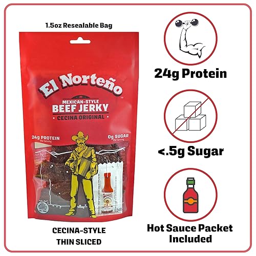 Miniatura 4 de El Norteño Original Beef Jerky - Corte fino estilo cecina por El Norteño - Bajo en carbohidratos, cero azúcar, alto en proteínas, sin gluten, 100%
