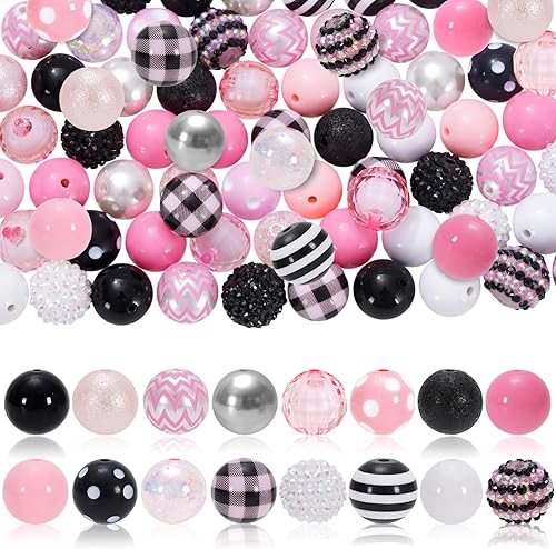 Whaline 50 cuentas de goma de mascar mixtas de 0.78 pulgadas, 16 estilos, cuentas espaciadoras rosas y negras, juego de cuentas gruesas de punto a