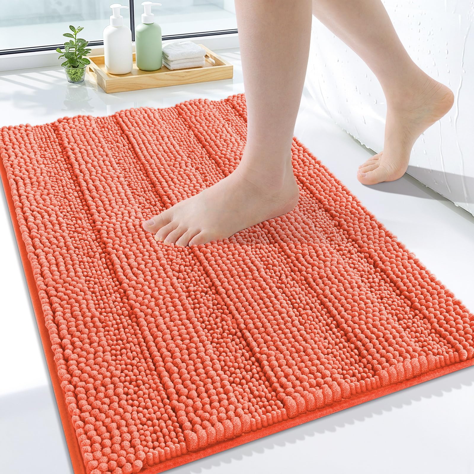 Grandaily Chenille Bathroom Rugs 24x16, Soft Bath Mats, Coral Orange