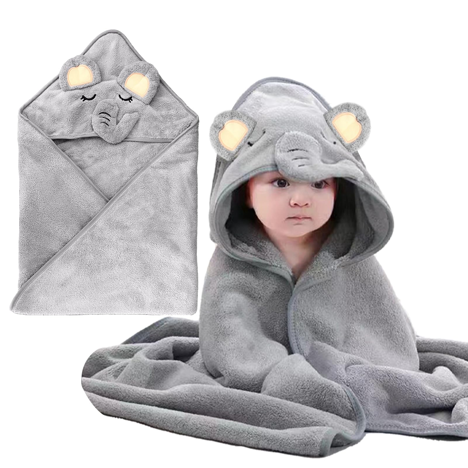 Pièces Serviette de Bain Capuche Bébé,avec Design Animal, 80 x 80 cm bébé Serviette Housse,Design d'éléphant Gris