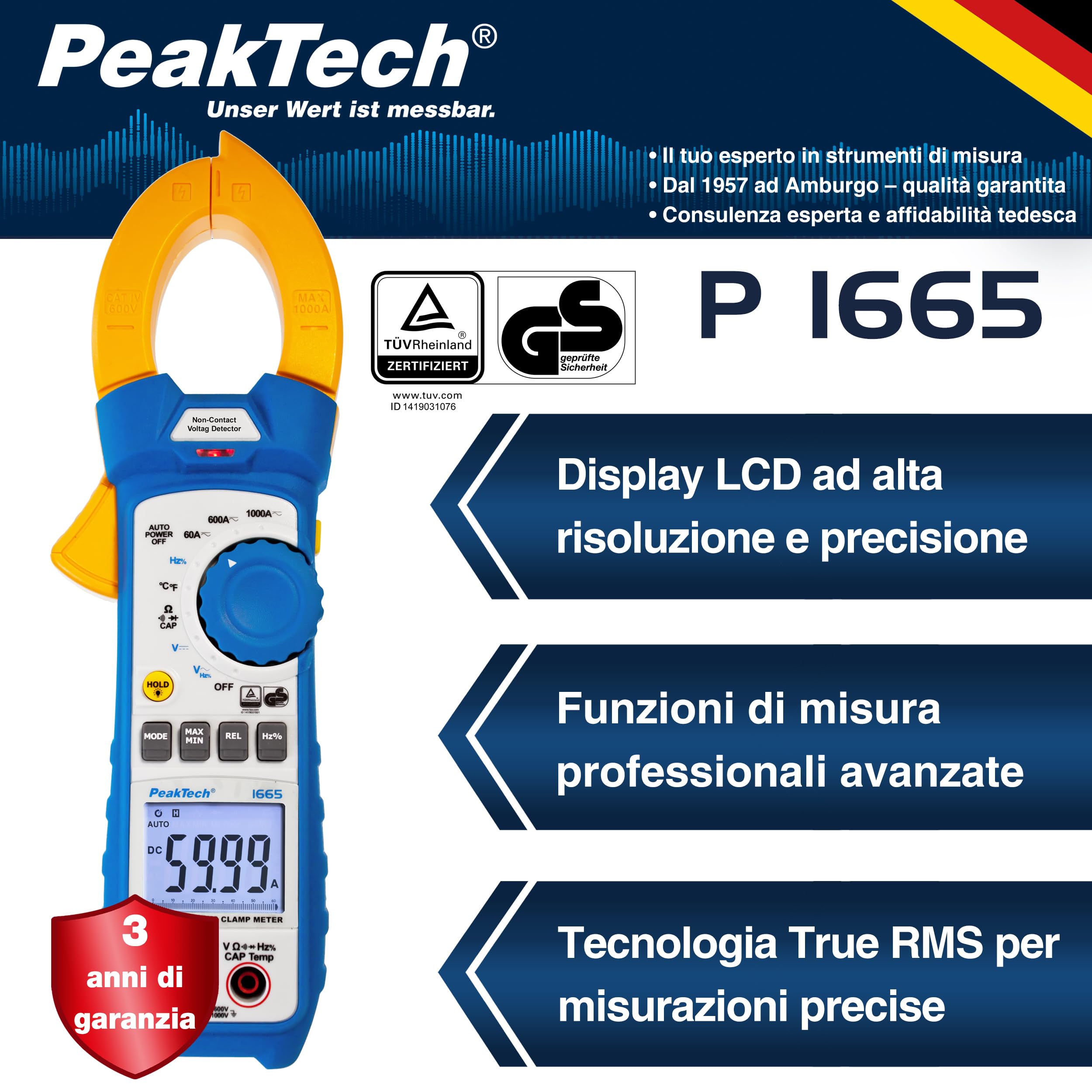 Peaktech P 1665 – Pinza Amperometrica Effettiva 1000A Ac/Dc con Luce LED, 6000 Conteggi, Multimetro Digitale, Tüv/Gs, Pinza Amperometrica, Voltmetro, Amperometro, Tester di Continuità - Max. 600 V