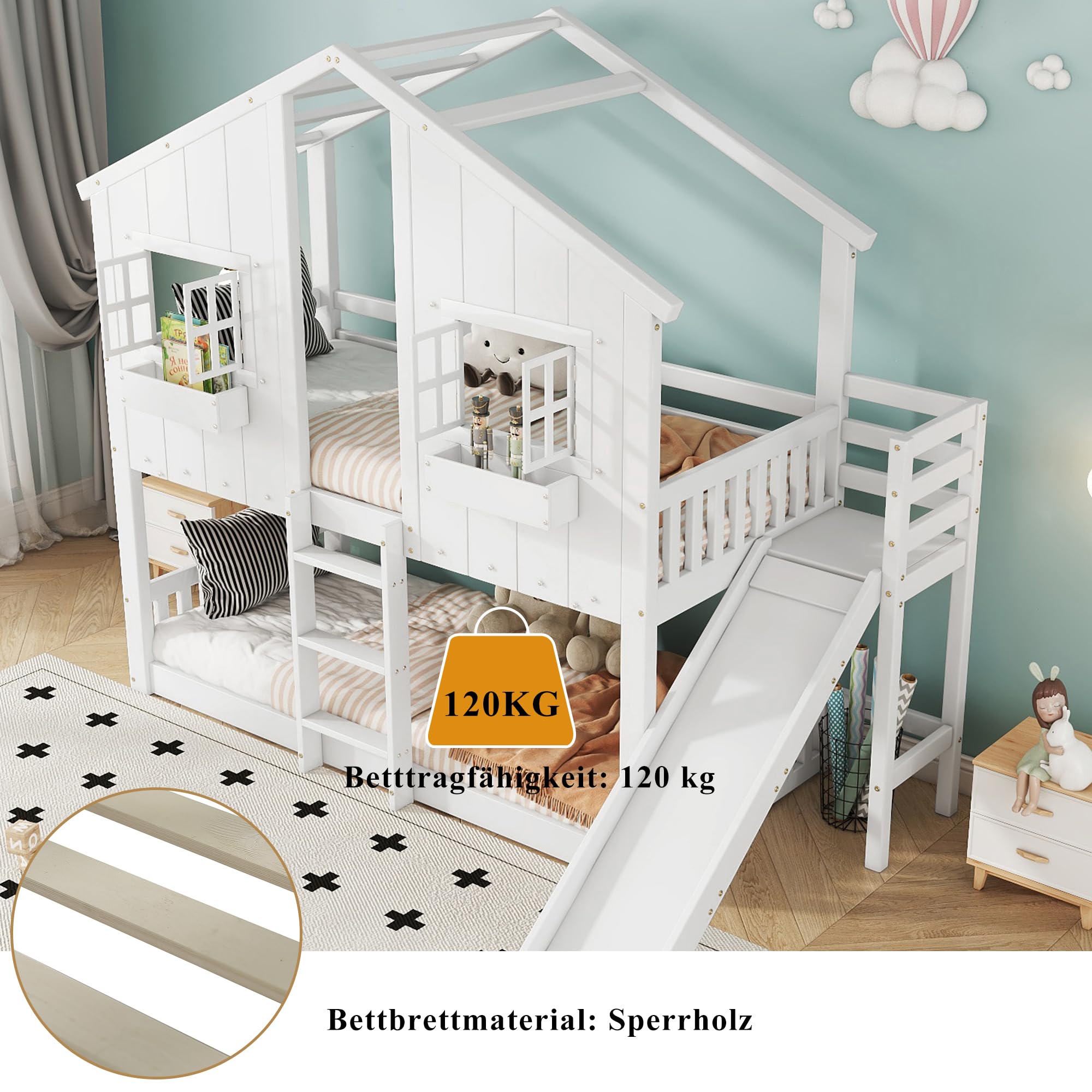 Etagenbett Kinderbett 90x200, Hochbett Hausbett für 2 Kinder, Stockbett mit Rutsche&Leiter&Fenstern&Dach&Aufbewahrungsbox, Doppelbett Holzbett mit Lattenrost&Rausfallschutz, Kiefer, Ohne Matratze,Weiß