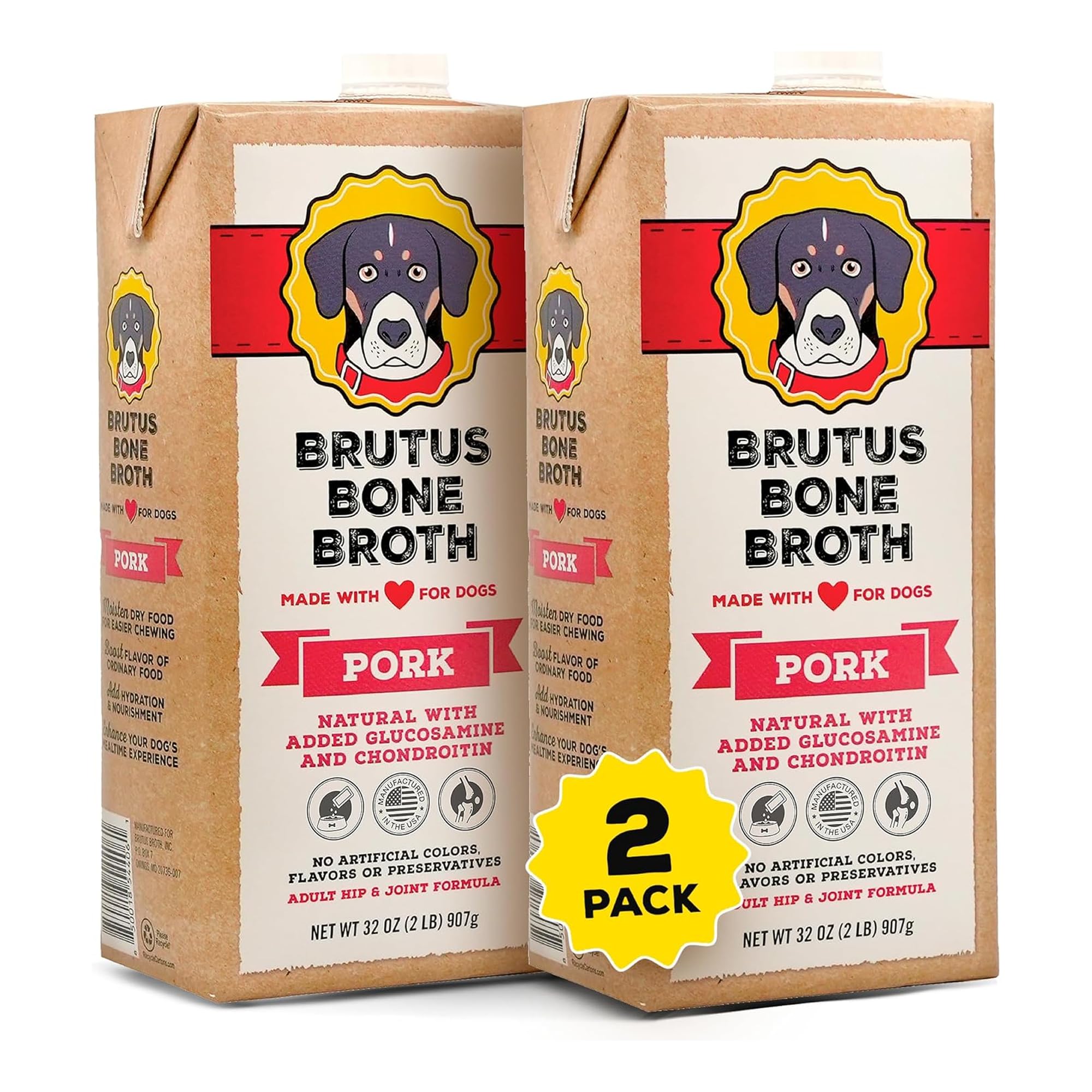 Brutus Bone Broth Liquid for Dogs | All Natural | Made in USA | Glucosamine &amp; Chondroitin for Healthy Joints | Human Grade Ingredients | Hydrating Food Topper, Gravy &amp; Treat (Pork, 2-Pack)