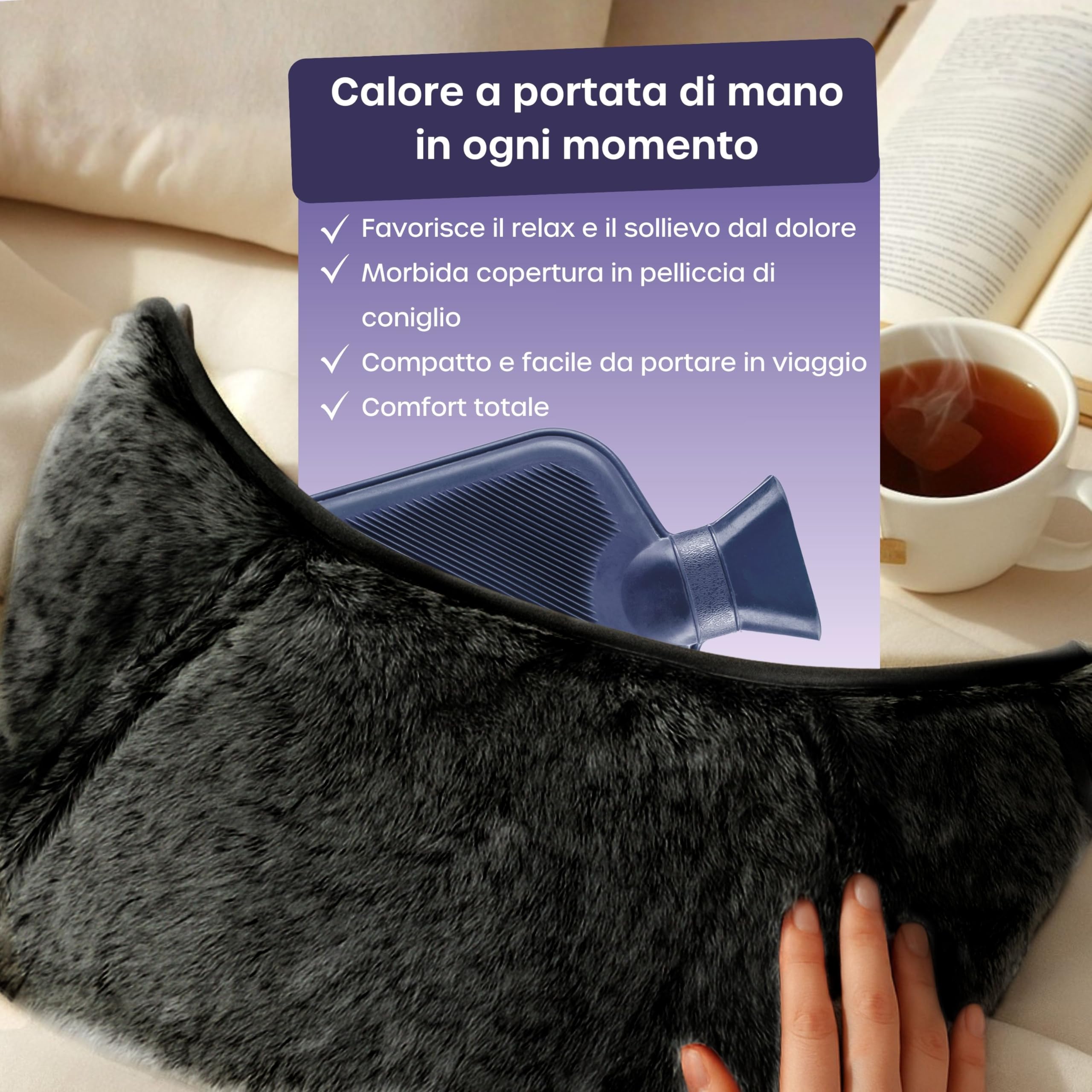 Cintura per Borsa dell'Acqua Calda - Boule Acqua Calda da 1,5 Litri con Copertura in Velluto di Coniglio Grigio - Borsa Acqua Calda di Lusso, Morbida e Indossabile per Dolori Mestruali (Nero)