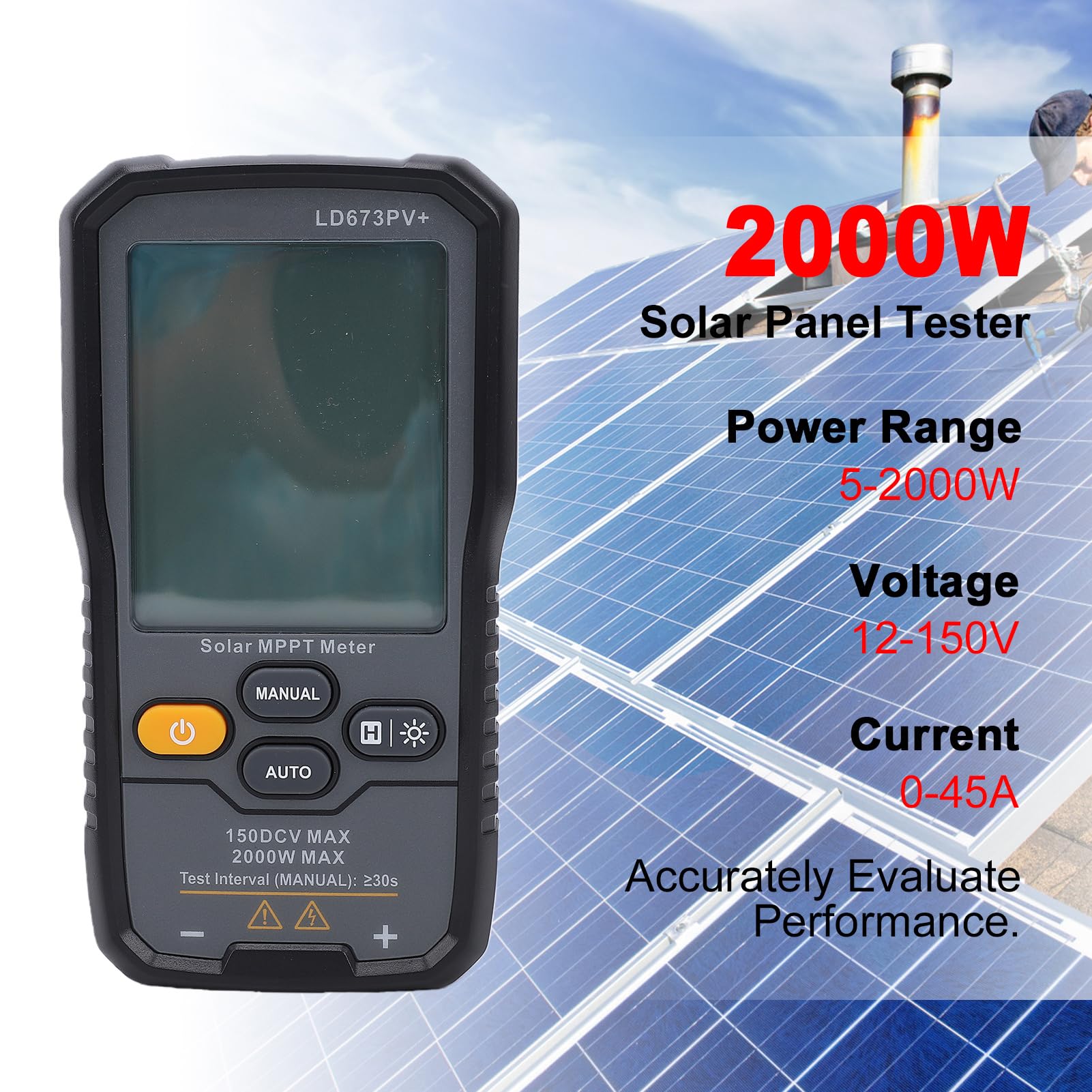 Cryfokt Tester Paneli Słonecznych, Tester Paneli Słonecznych 2000 W Miernik MPPT z Wyświetlaczem LCD, Automatyczny Ręczny Watomierz do Pomiaru Punktu Mocy dla Panelu Fotowoltaicznego