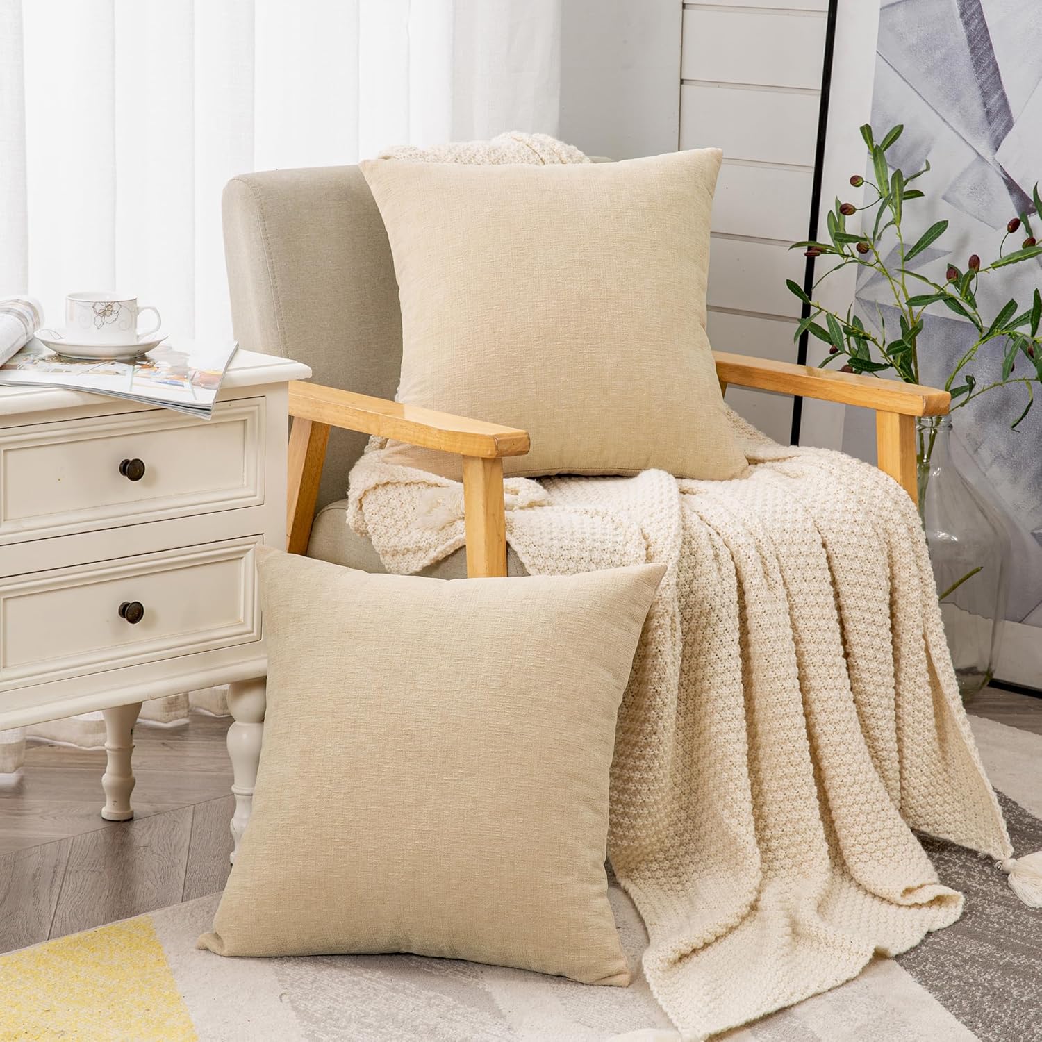 GAWAMAY Decorative Throw Pillow Covers 16x16 Inch Set of 2, Super Soft Chenille Square Pillows Farmhouse Fall Pillowcase for Living Room Bedroom Sofa Couch Cushion Cover Beige 40x40cm (No Insert) - Image 3