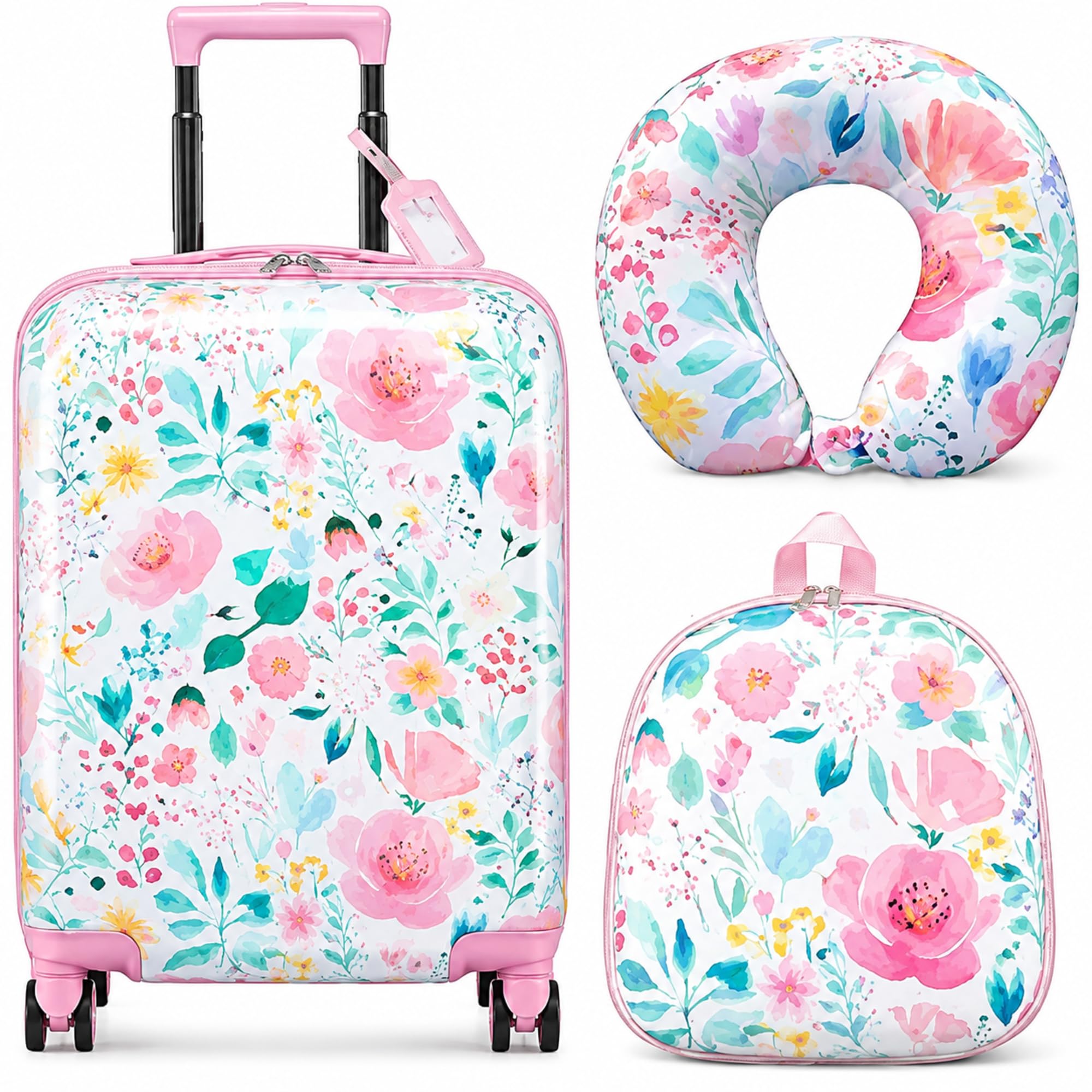 4 Pcs Kids Luggage Set, Floral Pink, 18 Inch, Flower
