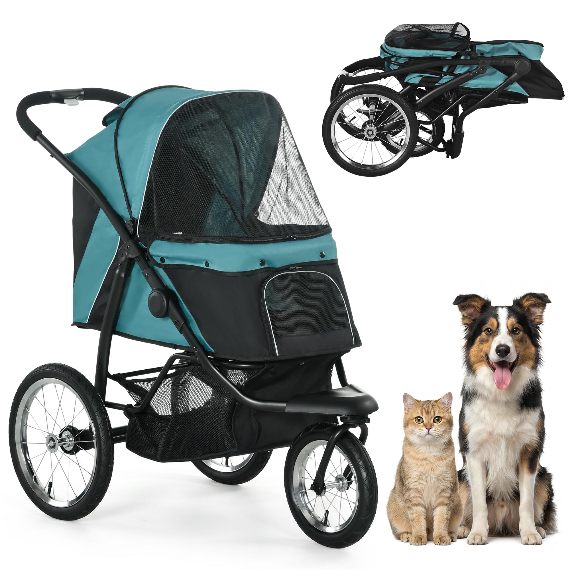 PawHut 3 Wheels Pet Stroller Foldable Jogger for Medium Dogs Dark Green