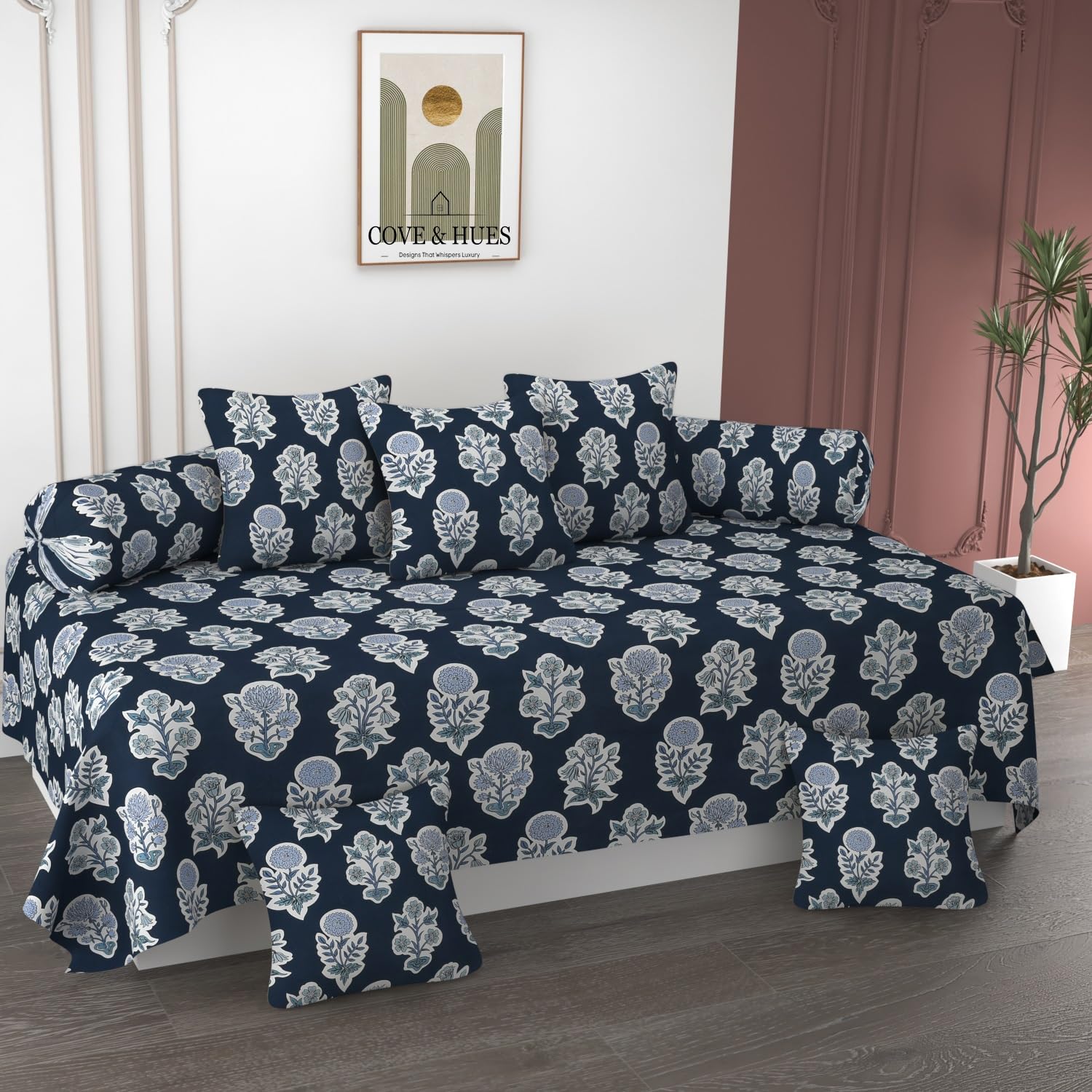 COVE & HUES Cotton Diwan Set Covers |8 Pieces Diwan Cover Set|300 TC Fabric| Pure Cotton Printed Deewan Set (1 Single Bedsheet, 2 Bolster Covers, 5 Cushion Covers)|Blue Petals|KC 16-image-49