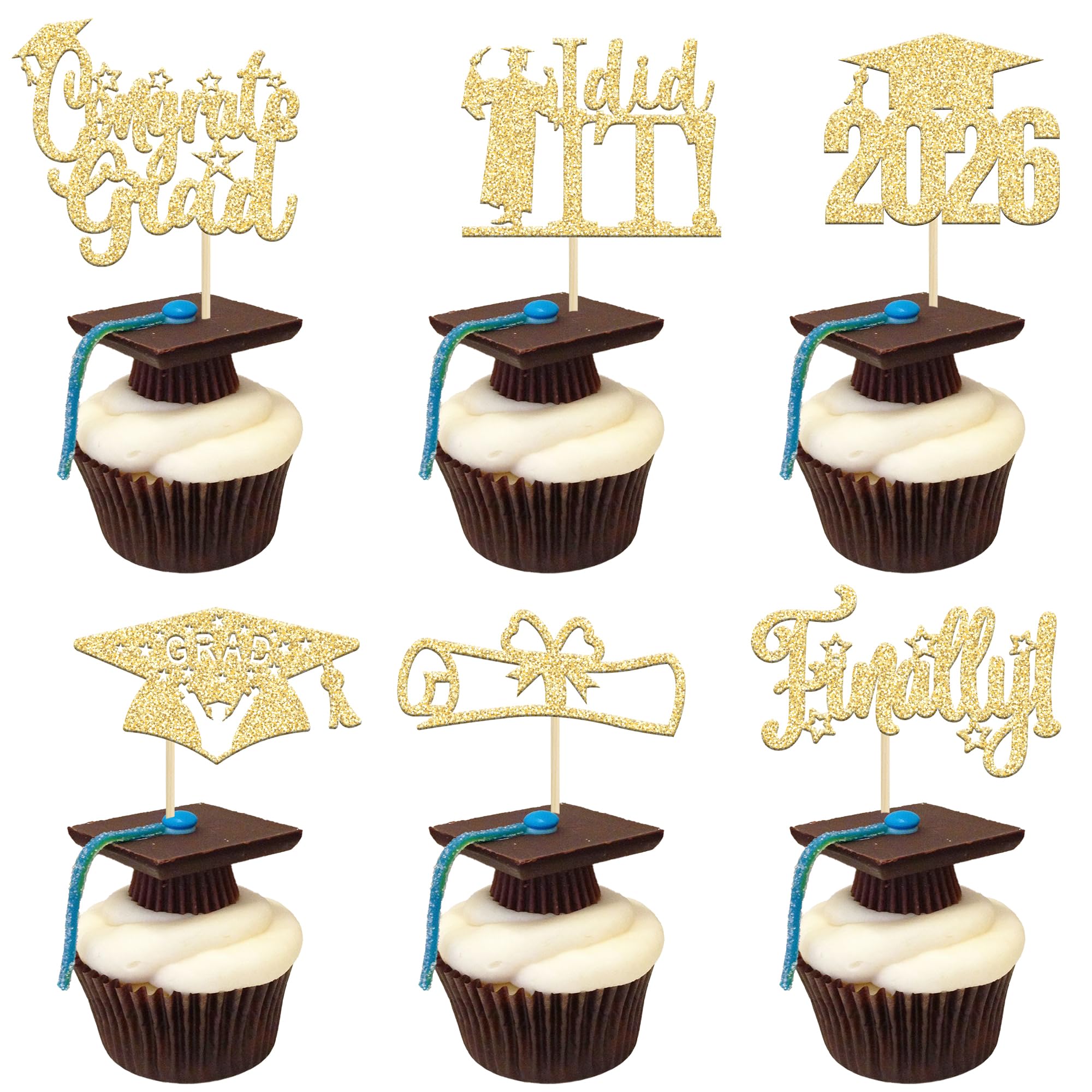 24 Pack 2026 Graduation Cupcake Toppers Gold Glitter Finally I Did It Done Diploma Grad Cap Cupcake Picks 2026 Grad Cap 2026 Cake Decorations for 2026 Graduation Party Decorations