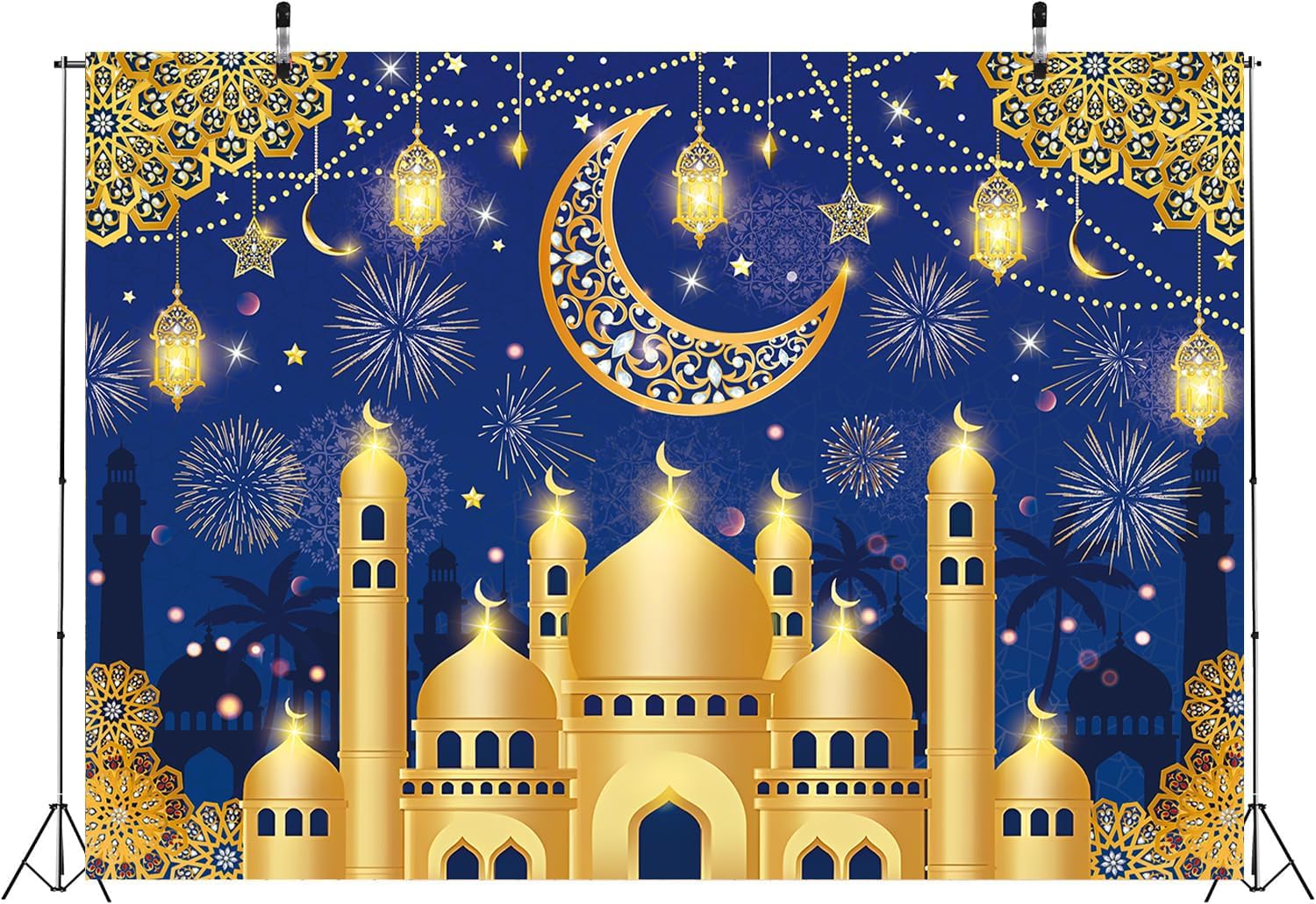 Eid Mubarak Banner Backdrop, Blue Gold Muslim Ramadan Kareem Decorations Background Happy Mubarak Banner for Home Eid Al Fitr Party Supplies (Blue, 8x6FT: 96x72 inch)