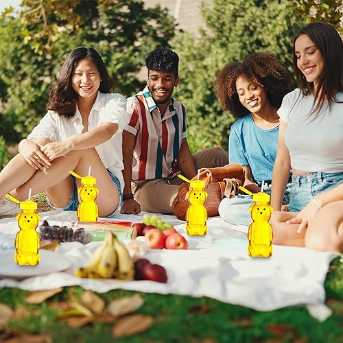 Miniatura 6 de Thenshop Paquete de 32 botellas de oso de miel con pajitas, vasos de plástico vacíos, recipientes de miel en forma de oso, botellas para