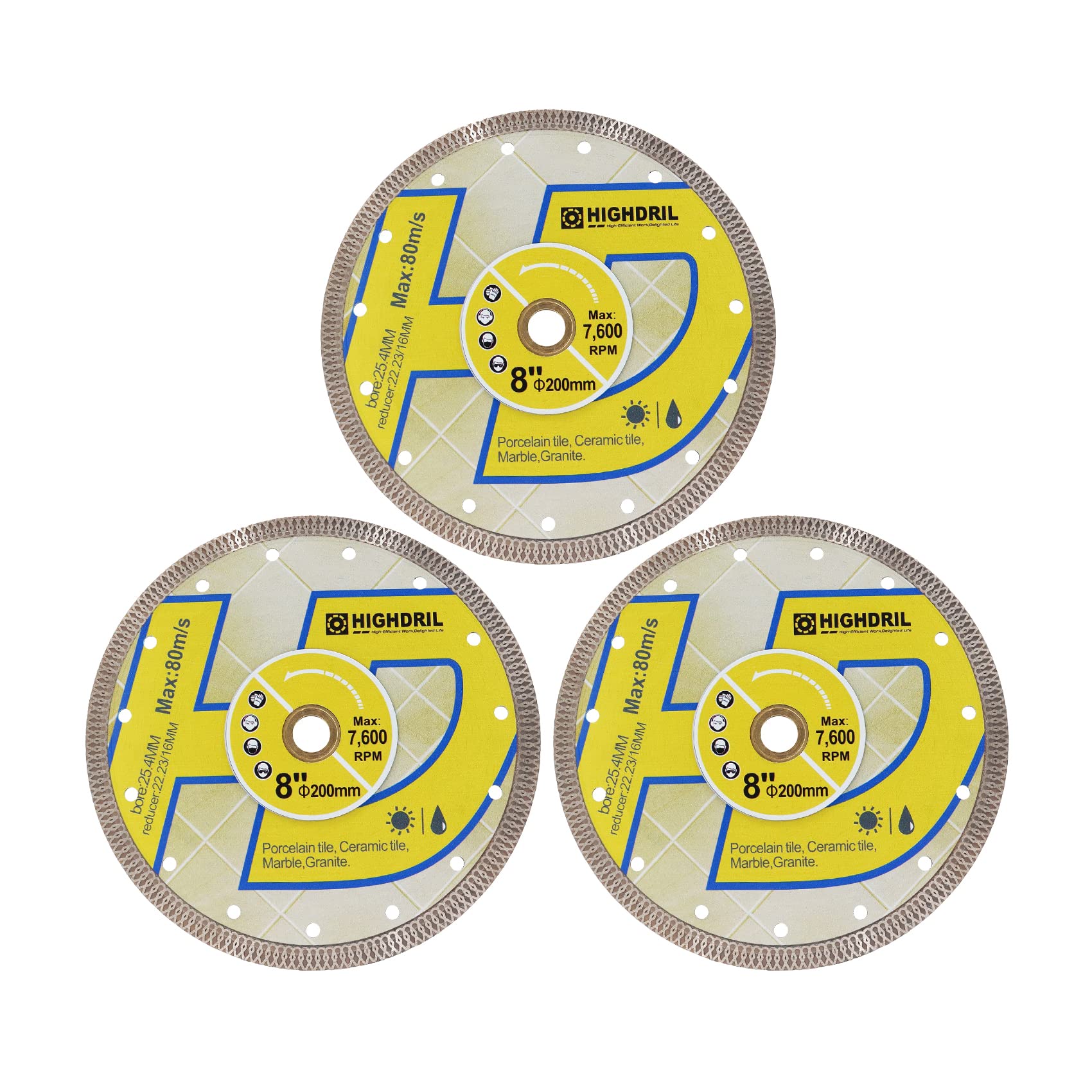 HIGHDRIL Diamond Saw Blade - 3pcs 200M/8 Inch Diamond Tile Blade Disc Cutting Porcelain Tile Ceramic Granite Marble Dry or Wet Use Circular Saw Blade with Turbo X Mesh