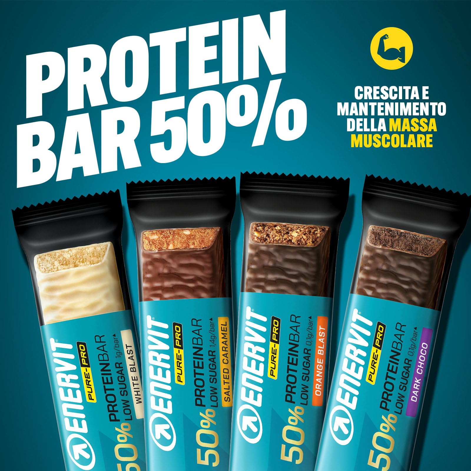 Enervit Pure-Pro Protein Bar 50% Dark Choco, Barrette Proteiche Senza Zucchero e Senza Glutine, Snack Proteici con 30g Proteine, Post Workout Intensi, Gusto Cioccolato Fondente, 25 Barrette da 55g