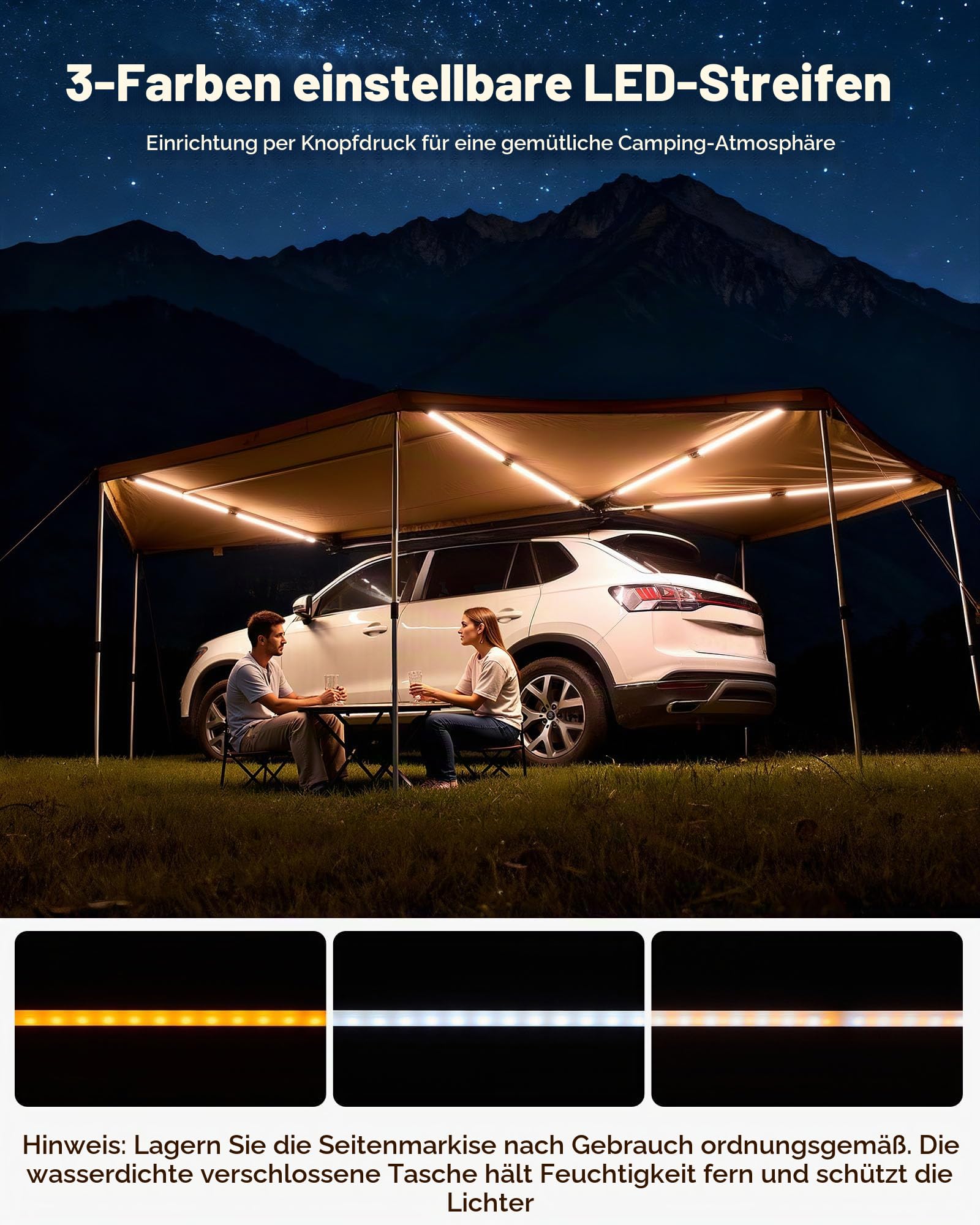 VEVOR Markise Auto, 5,7x3,87x2,1 m, 270°-Markise mit integrierten LED-Leuchten, Sonnensegel, UV50+, freistehende Allwetter-Automarkise, Sonnenunterkunft für SUV & LKW, ideal für Camping