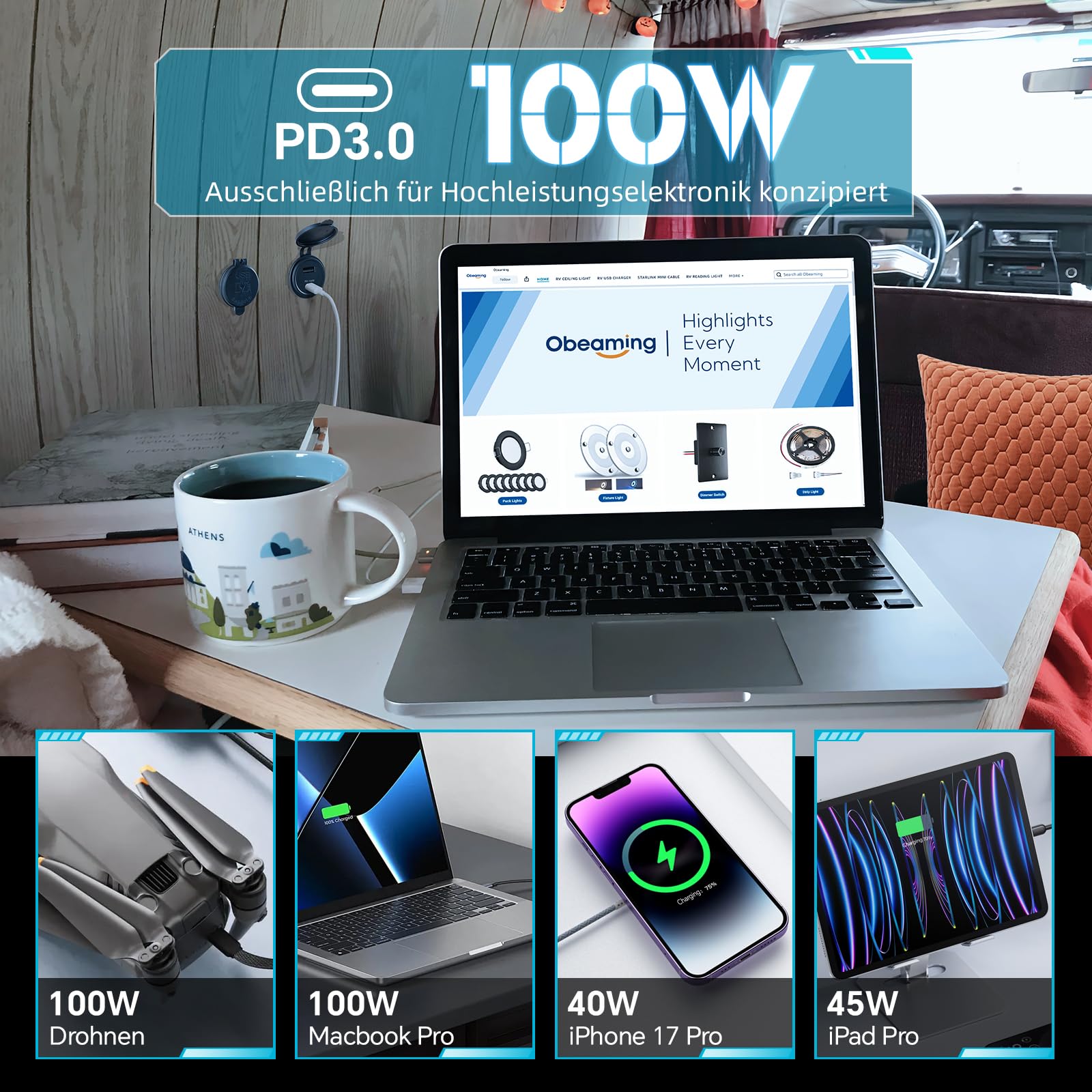 USB C Steckdose 12V PD 100W Wohnmobil Aluminium, PD3.0 USB-C & QC3.0 USB-A 18W Einbau Buchse für Boot Wohnwagen Camper Auto LKW(2 Stück)