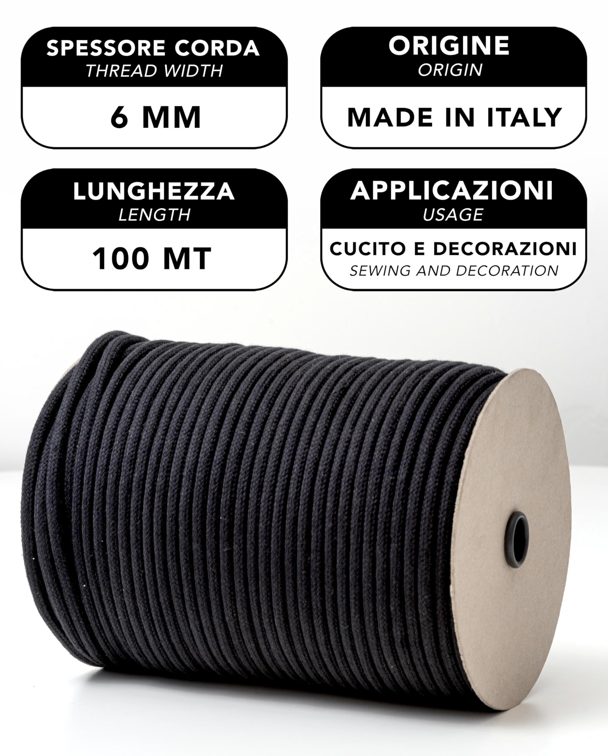 IPEA Cuerda de algodón macramé Negro – 6 mm x 100 Metros – Rollo súper Largo – Fabricado en Italia – Hilo de Coser para Manualidades, decoración, tapices y Cortinas – Cordón – 0,6 cm (Paquete de 2)