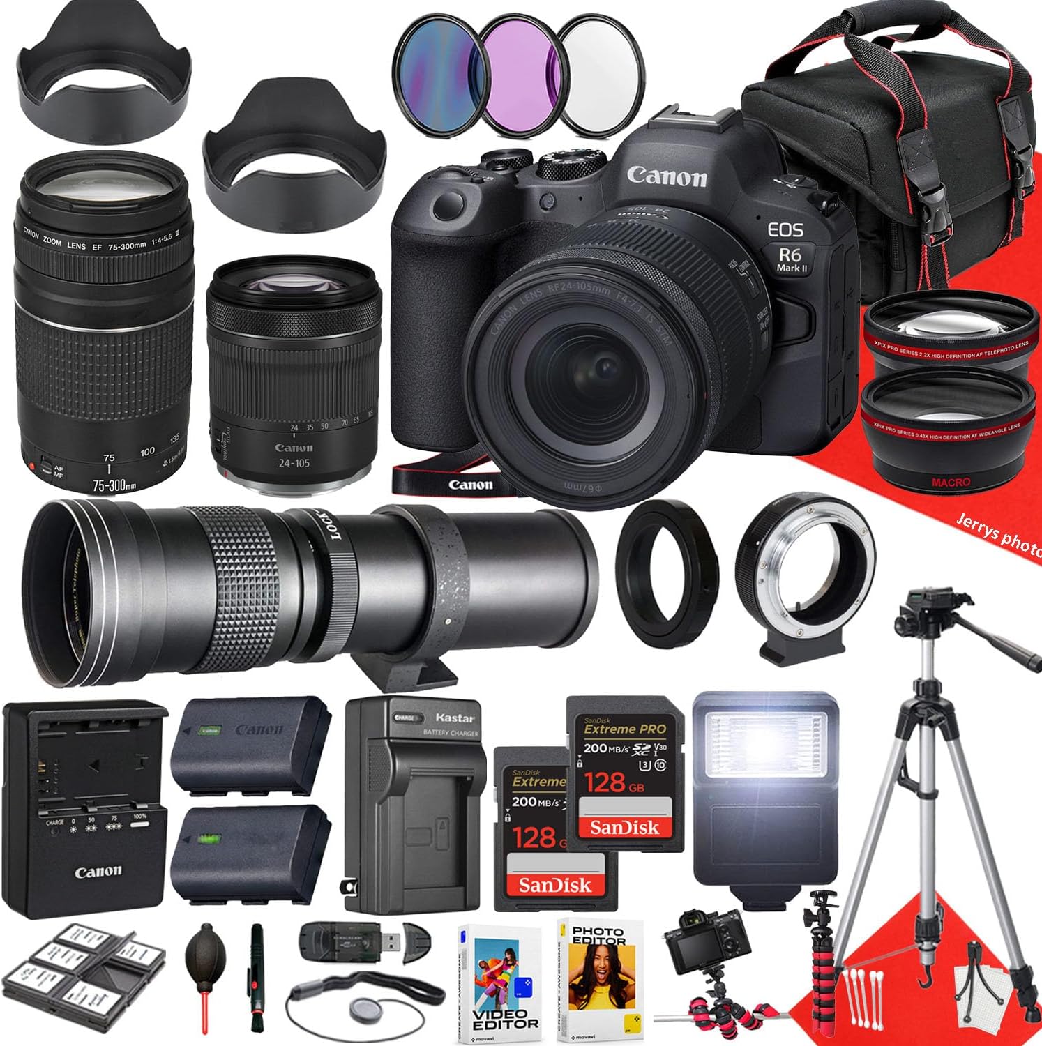 Canon EOS R6 Mark II Mirrorless Camera with 24-105mm f/4-7.1 is STM, 75-300mm and 420-800mm Lens + 2PC 128 GB Memory + Hood + Monopod + Filters + Tripod + More (35pc Bundle), Black (Renewed)
