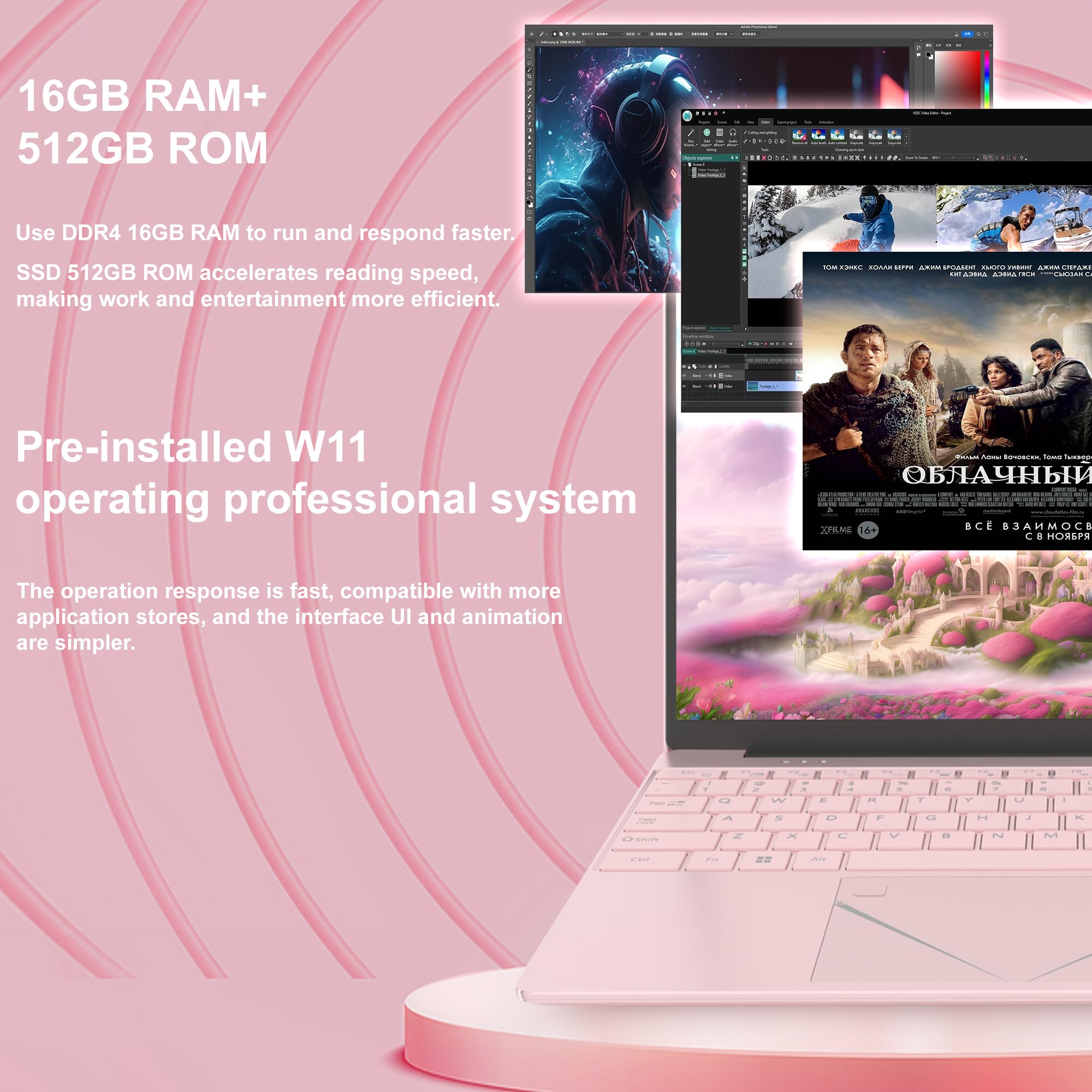 Ordinateur Portable 15,6 Pouces Rose, FHD 1920x1080, Processeur N95 3,4 GHz, 16 Go DDR4 RAM, 512 Go SSD, Léger pour Étudiants
