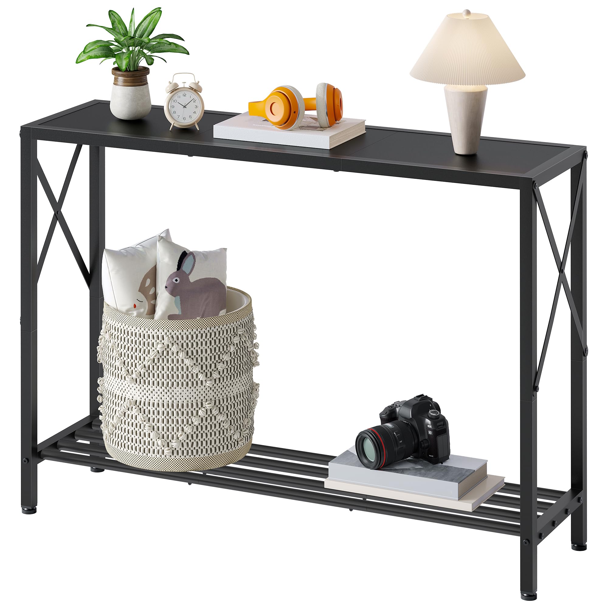 Tajsoon Konsolentisch, 2-stöckiger Eingangstisch, 106 cm Lang, Schmaler Sofatisch mit Regalen, Eingangstisch für Flur, Eingang, Wohnzimmer, Foyer, Korridor, Büro, Schwarz
