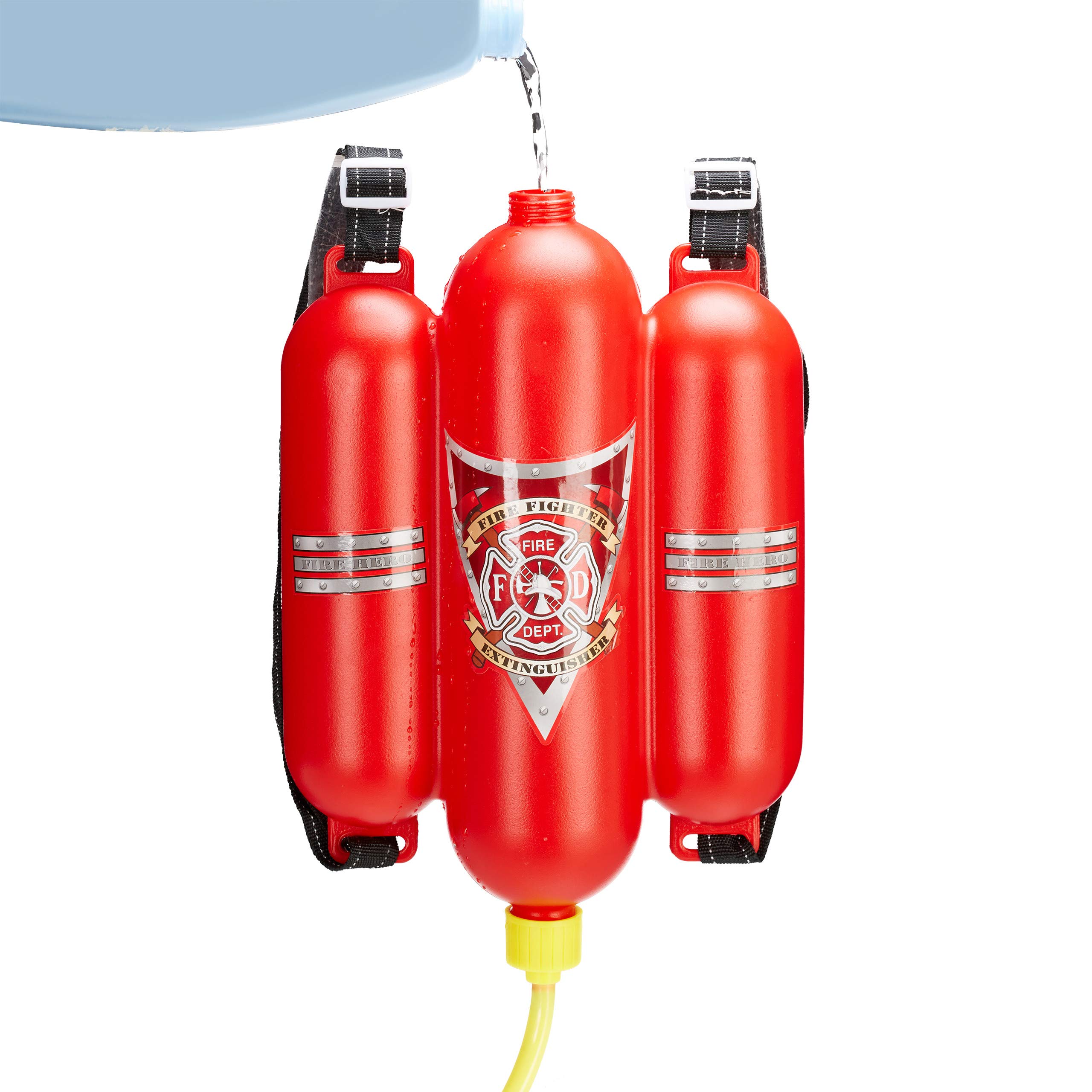 Relaxdays Feuerwehr Wasserspritze, 2,5 l Wassertank, 5 m Reichweite, 2 Sprühfunktionen, Löschrucksack Kinder, rot-gelb