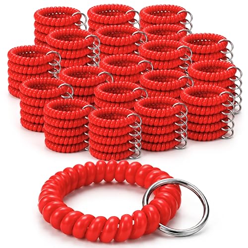 100PCS Red Spiral Coil Wrist Keychain Holder, Soft Plastic Red
