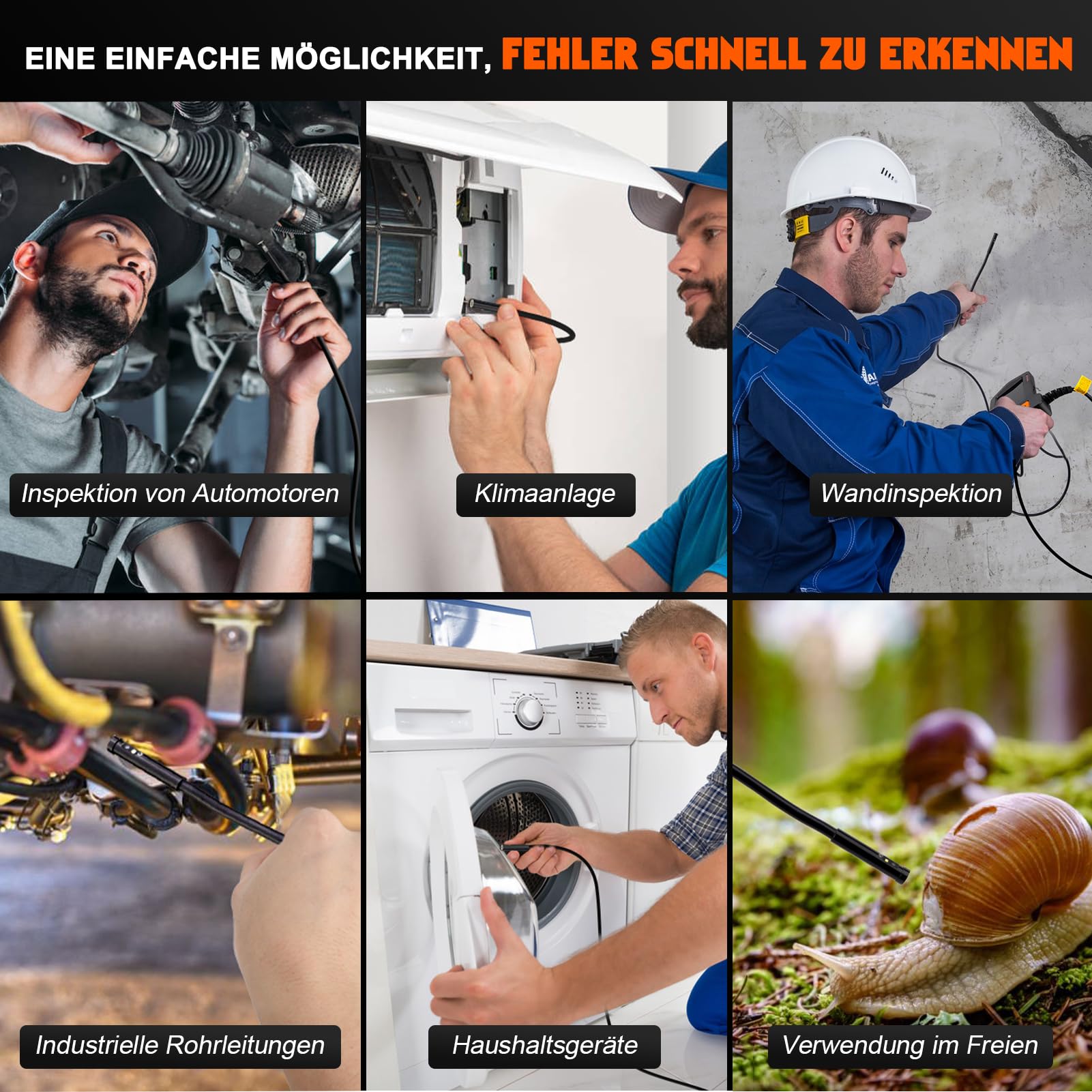 Endoscopio Industrial de Triple Lente con Cable de 15 m, 1080P HD Cámara de Inspección, 5" IPS Pantalla Endoscópica, Impermeable IP67 de 8mm Boroscopio para Auto, Fontanería, TF de 32 GB