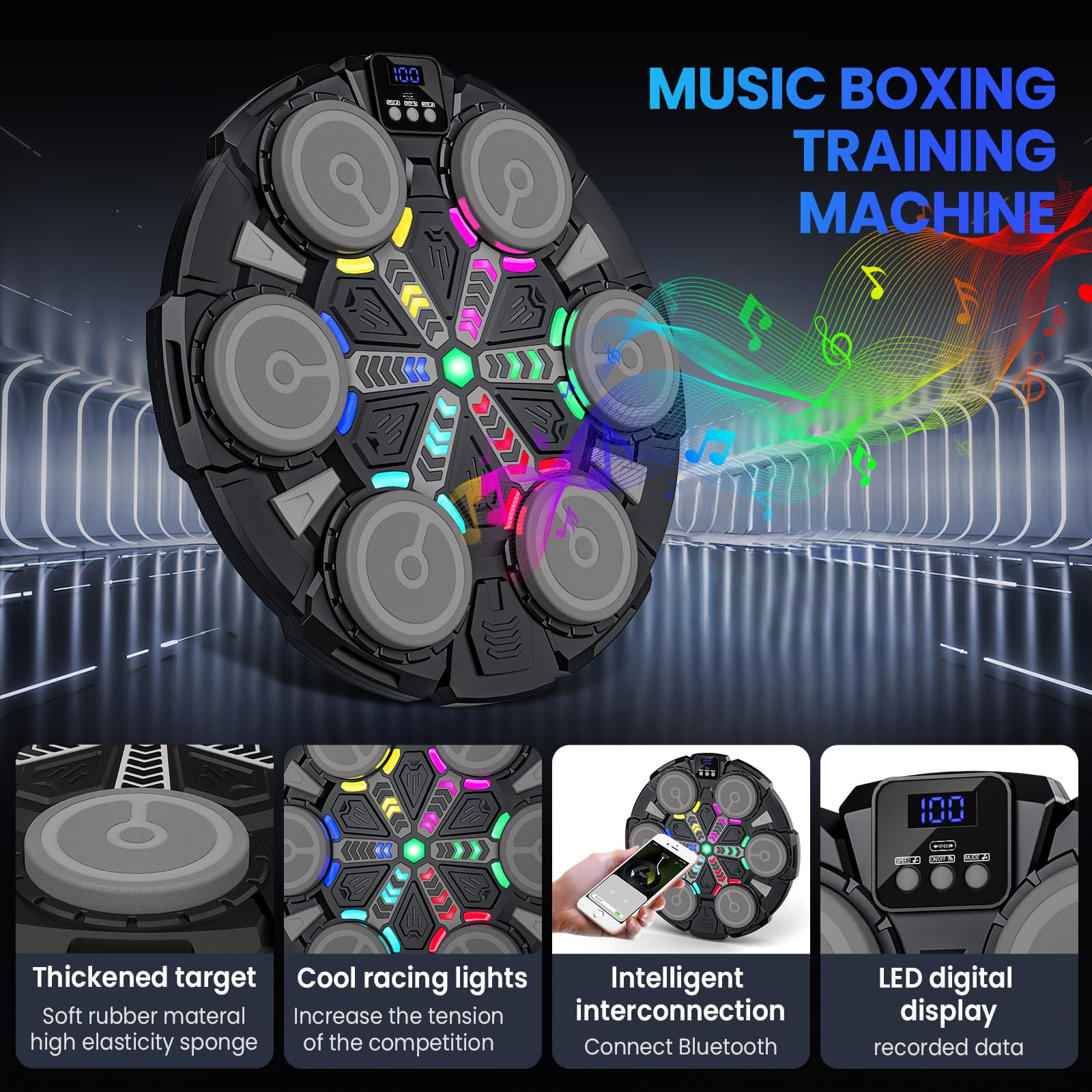 Maquina de Boxeo Musical, 2025 Nuevo Boxeo Musical Pared con Guantes De Boxeo, Conexión Bluetooth, Luces LED Coloridas, Ajuste de 5 Velocidades, Múltiples Modos de Entrenamiento, Conteo Automático