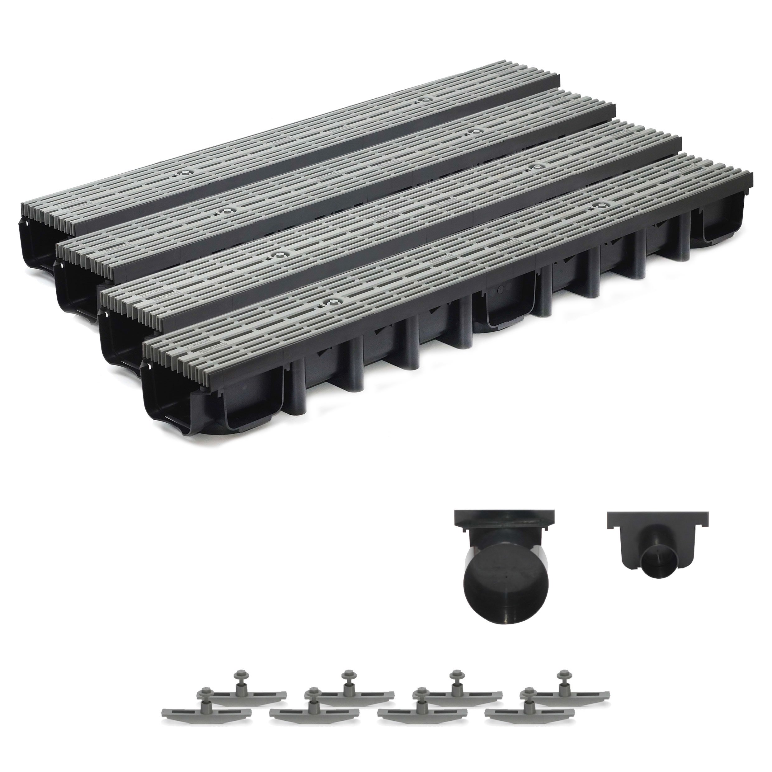 4m Entwässerungsrinne für modulares System A15 98mm, komplett Stegrost Kunststoff, Grau Line