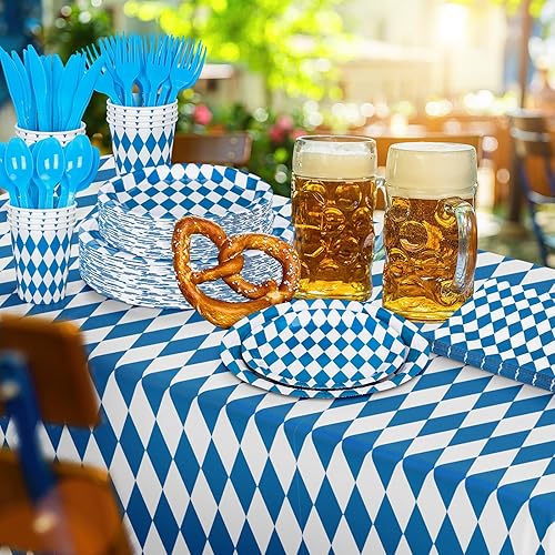 Miniatura 4 de Whaline Juego de vajilla desechable para Oktoberfest, 177 piezas, vajilla a cuadros azules y blancos para suministros de festivales de cerveza