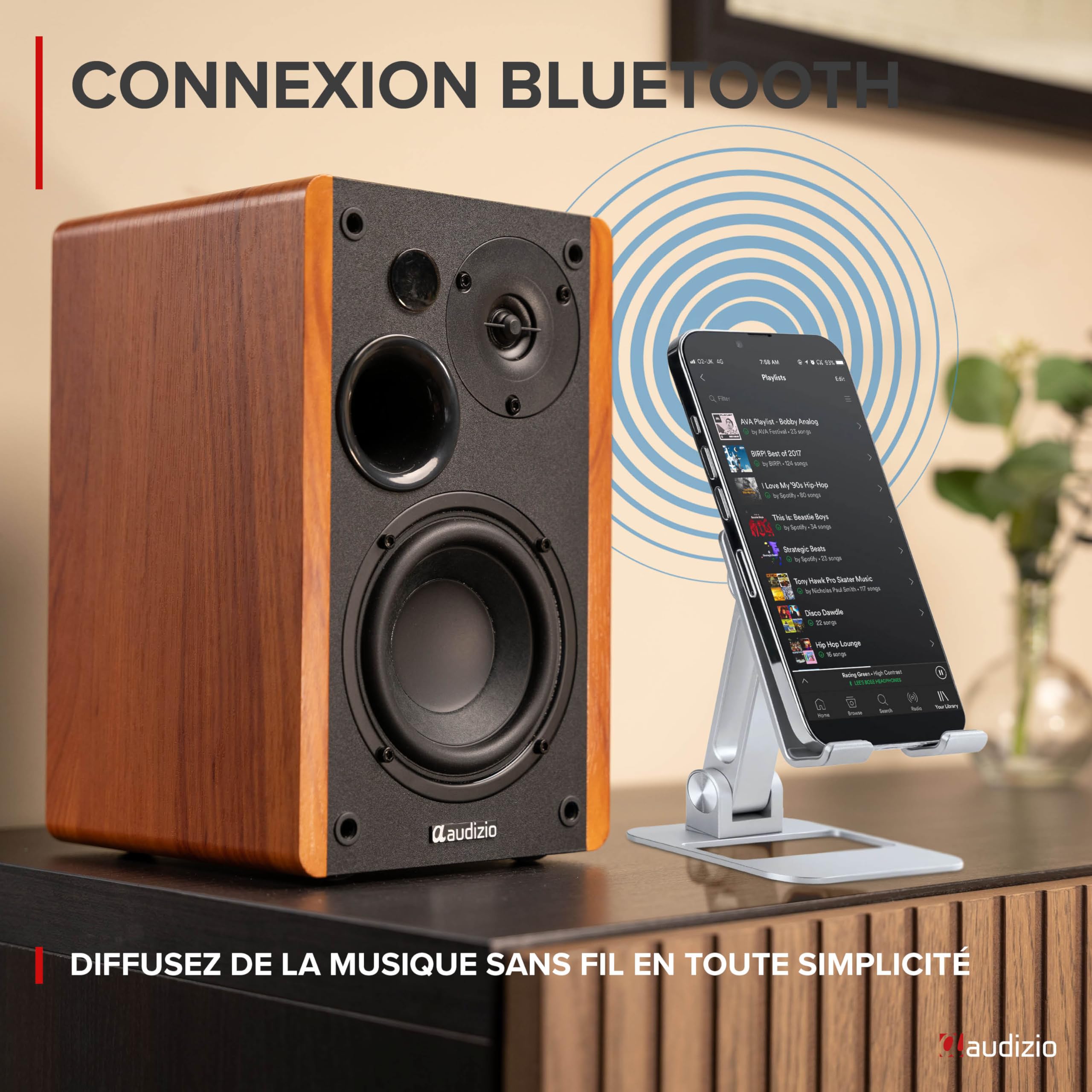 Audizio KS01B - Paire d’Enceintes HiFi Bibliothèque 120 W Finition Bois | BT sans Fil, Entrées RCA/Optique, Design Élégant, Son Clair et Puissant