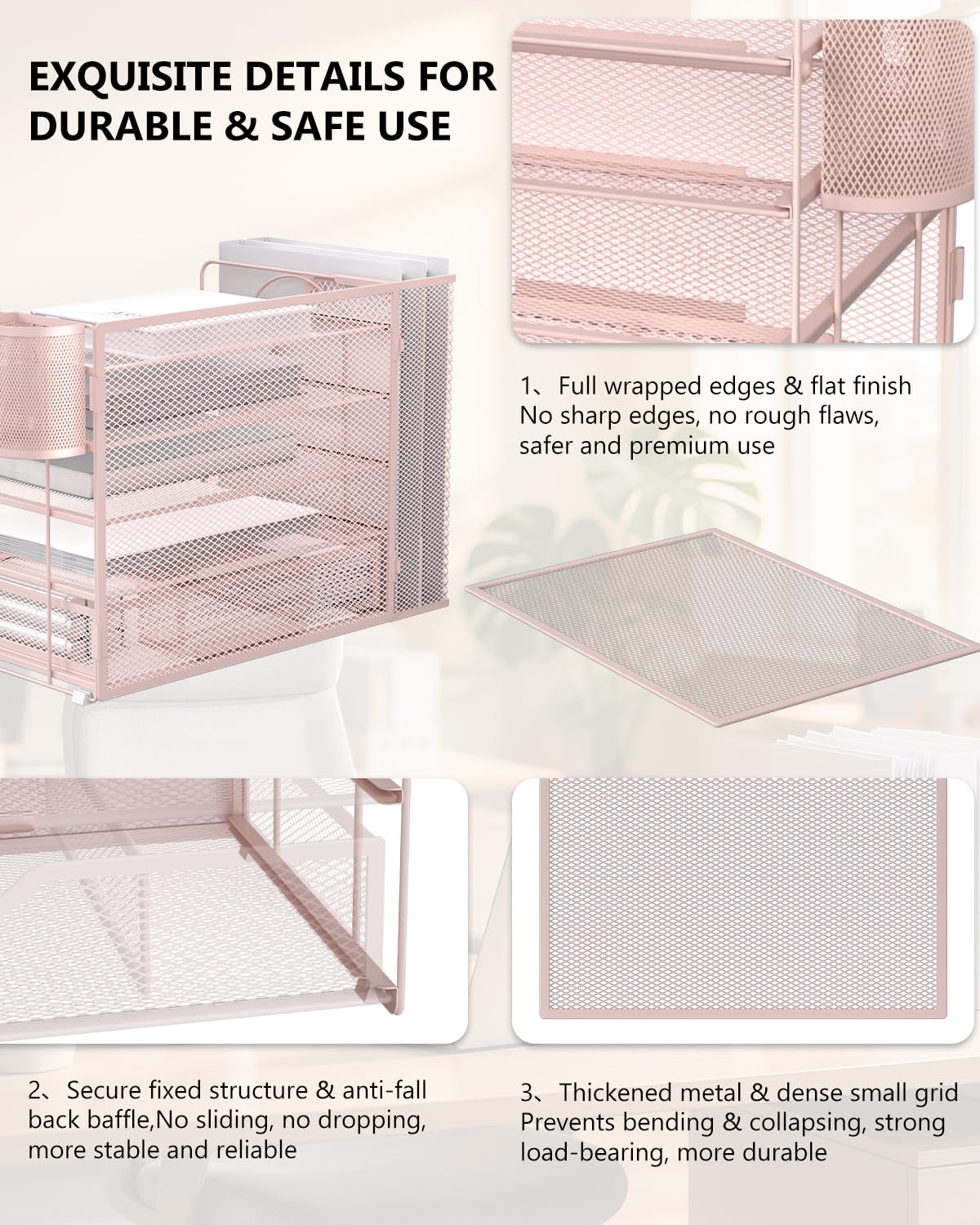 WALI Desk File Organizer, 5 Tier Desktop Paper Letter Tray Organizer with Drawer and 2 Pen Holders, Office Desk Accessories & Workspace Organizers for Office, Home Supplies(DO006DH-P), 1 Pack, Pink view 5