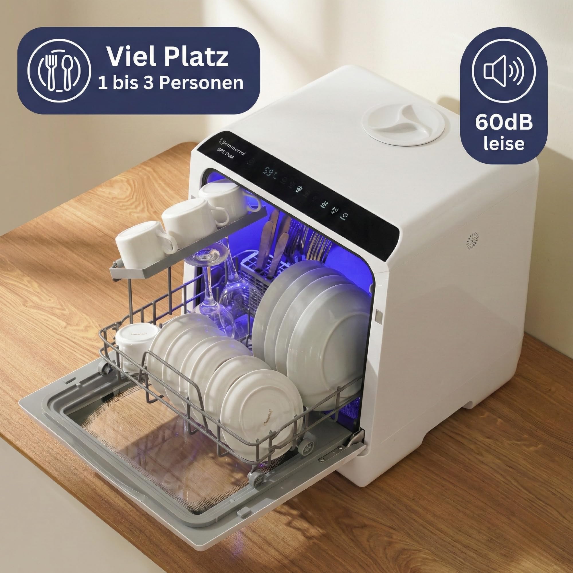 Sommertal Zmywarka stołowa SP5 Dual – mini zmywarka do naczyń lub zmywarka stołowa z 6 programami prania, pokrywa czyszczenia 360°, elastyczne zaopatrzenie w wodę – na kemping i do kampera