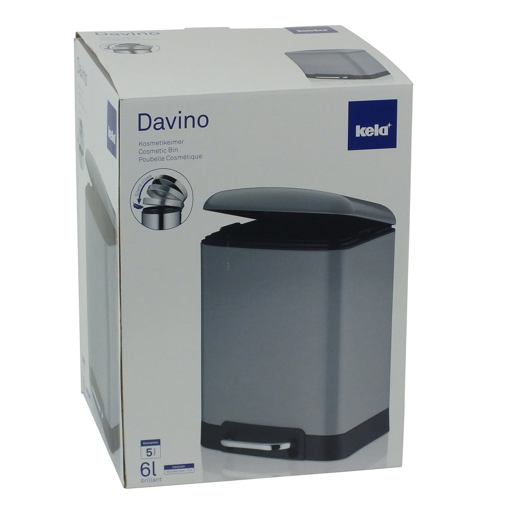 kela 22997, Kosmetikeimer 6 l, Silent-Close, Edelstahl pulverbeschichtet, Davino, Hellgrau, One Size