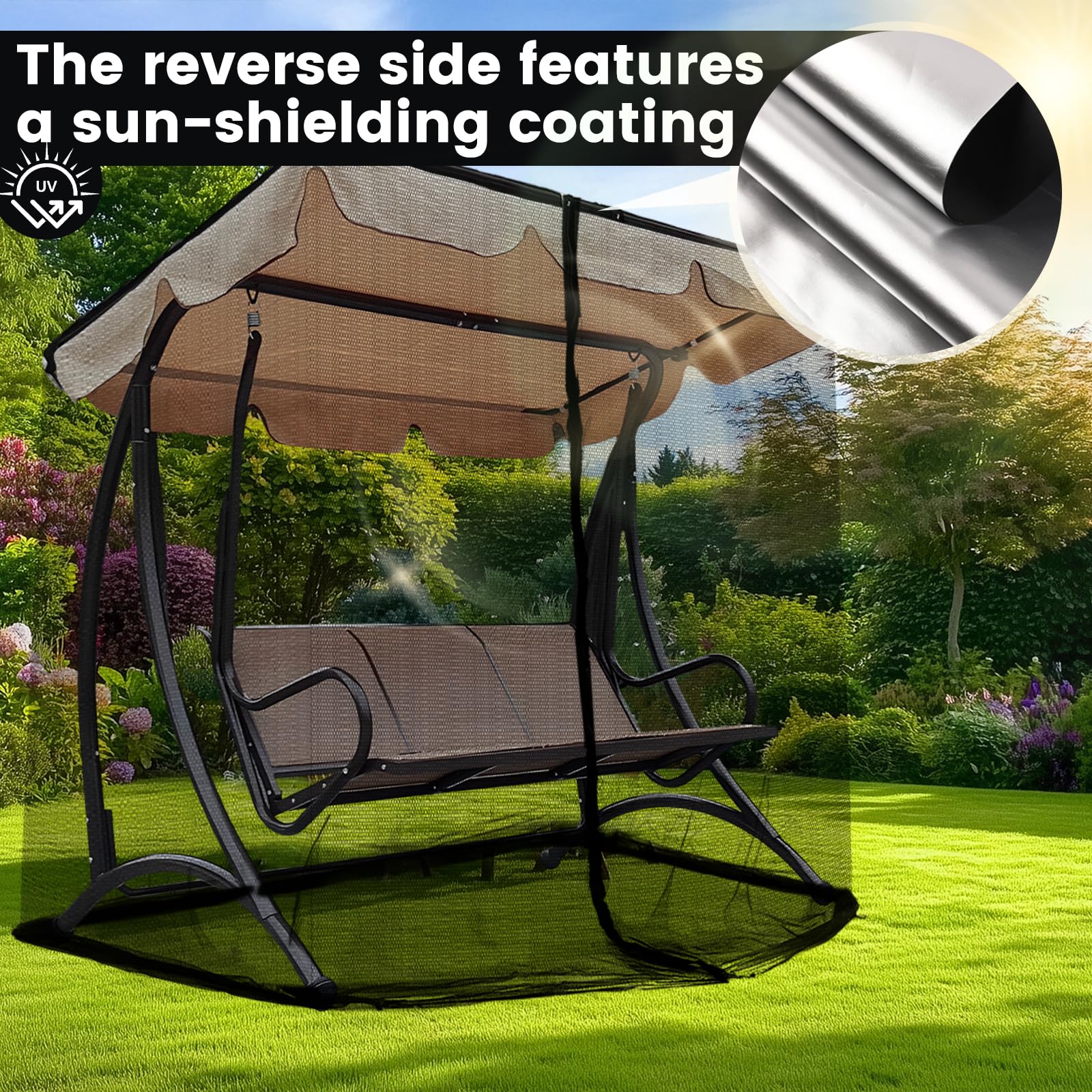 dellyy Zanzariera a 3 posti, con chiusura lampo, per altalena da giardino, altalena a dondolo, cuscino per seduta, tettuccio parasole, terrazza e giardino, 125 cm x 205 cm, colore nero