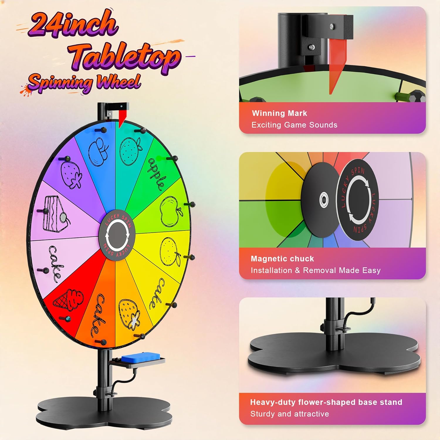 Prize Wheel, 24 Inch Tabletop Spinning Wheel for Prizes with Stand, Heavy Duty Spinner Wheel of Fortune with 12 Slot & Dry Eraser & Markers, Spin Wheel for Carnival, Family Games, Party Games