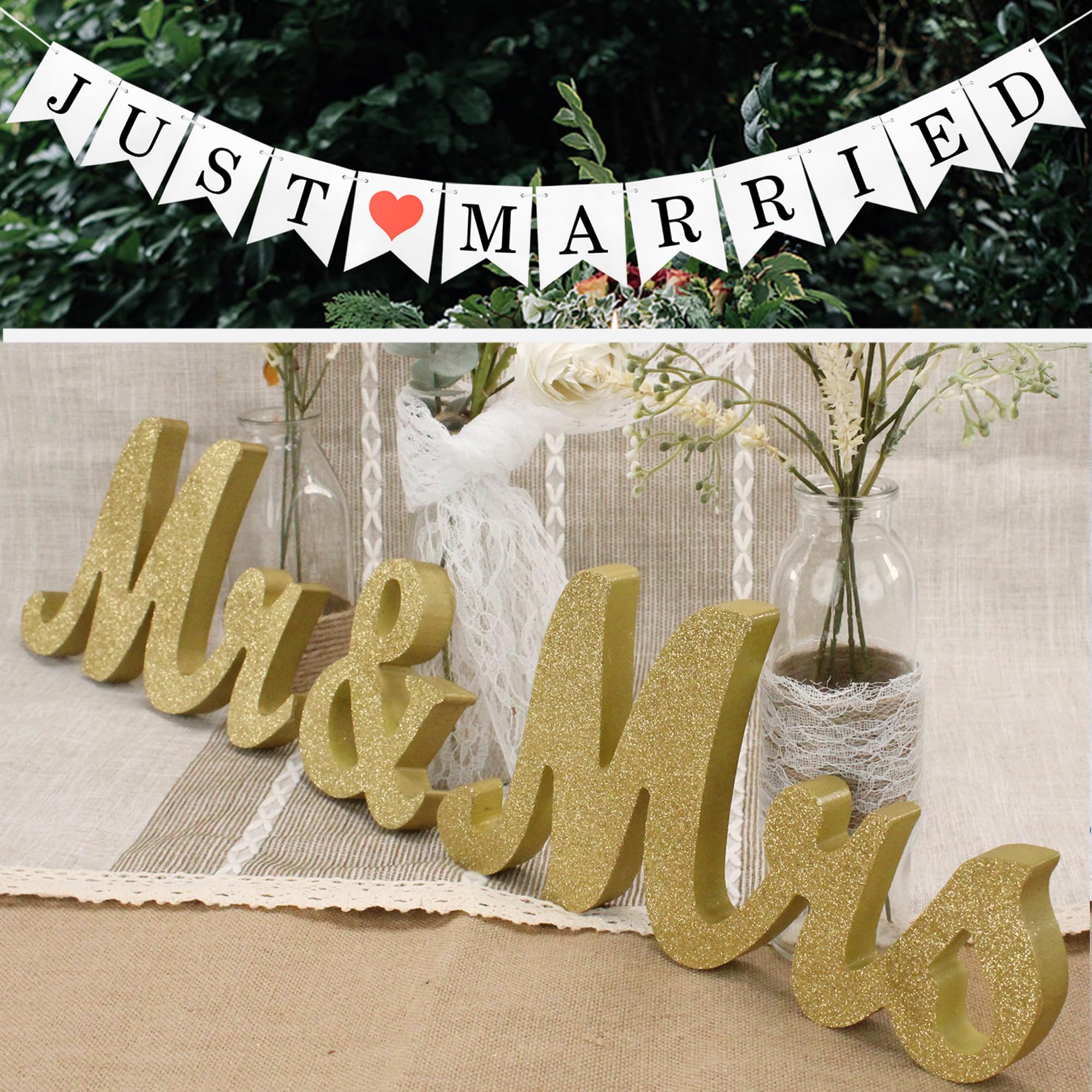 Jensener Golden & Banner Golden Mr & Mrs Wooden Letters And Banner For Wedding Table, Just Married Decoration, Mister And Miss Wedding Sign