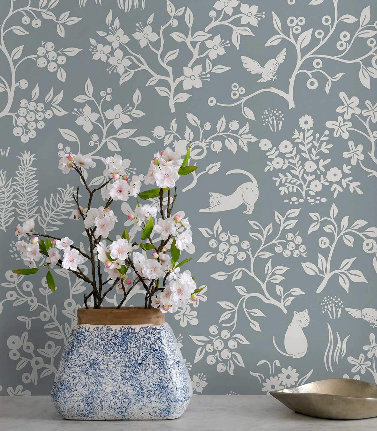 Timeet Modern Floral Wallpaper Peel and Stick Wallpaper Cats/Birds/Trees Wall Paper 16.14"x393.7" Flower Contact Paper Self Adhesive Removable Vinyl