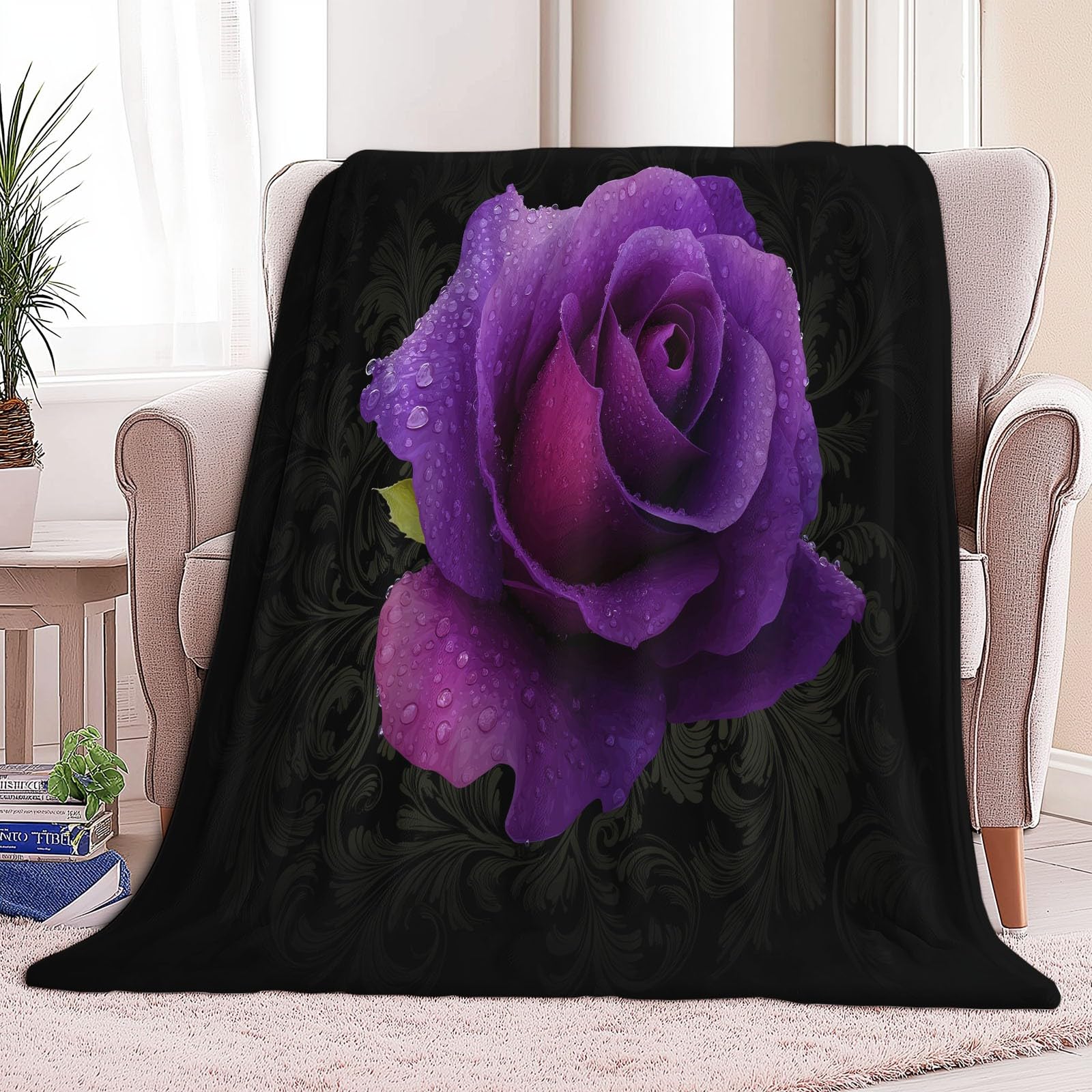 Duży koc na sofę, roślinny, fioletowy, elegancki, miękki i ciepły pled polarowy, przytulny koc na sofę dla dzieci i dorosłych, 220 x 240 cm, czarny