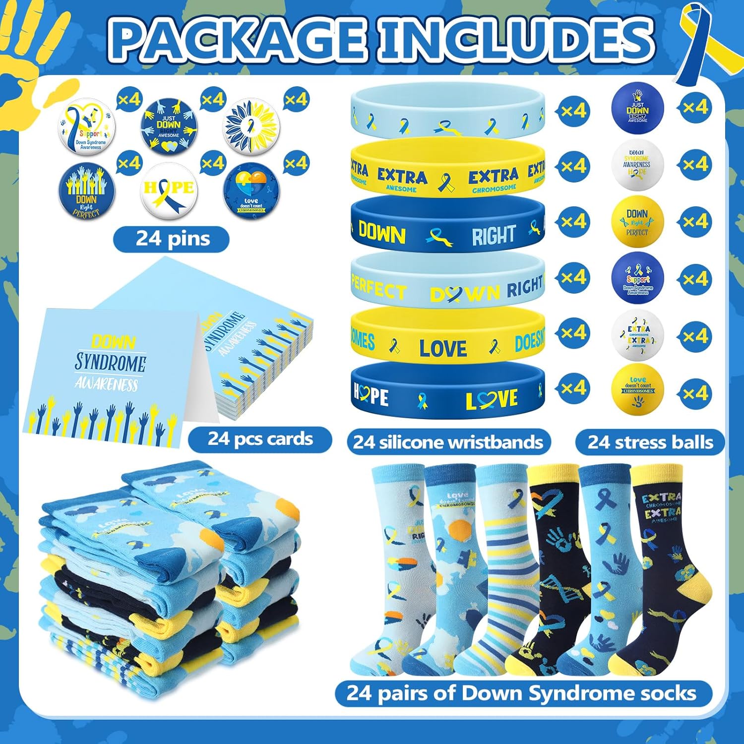 120 Pcs Down Syndrome Accessories Set World Down Syndrome Day Socks Ribbon Bracelets Pin Yellow Stress Relief Ball Card Blue and Yellow Decor for School Publicity Charity Events Gift Supplies