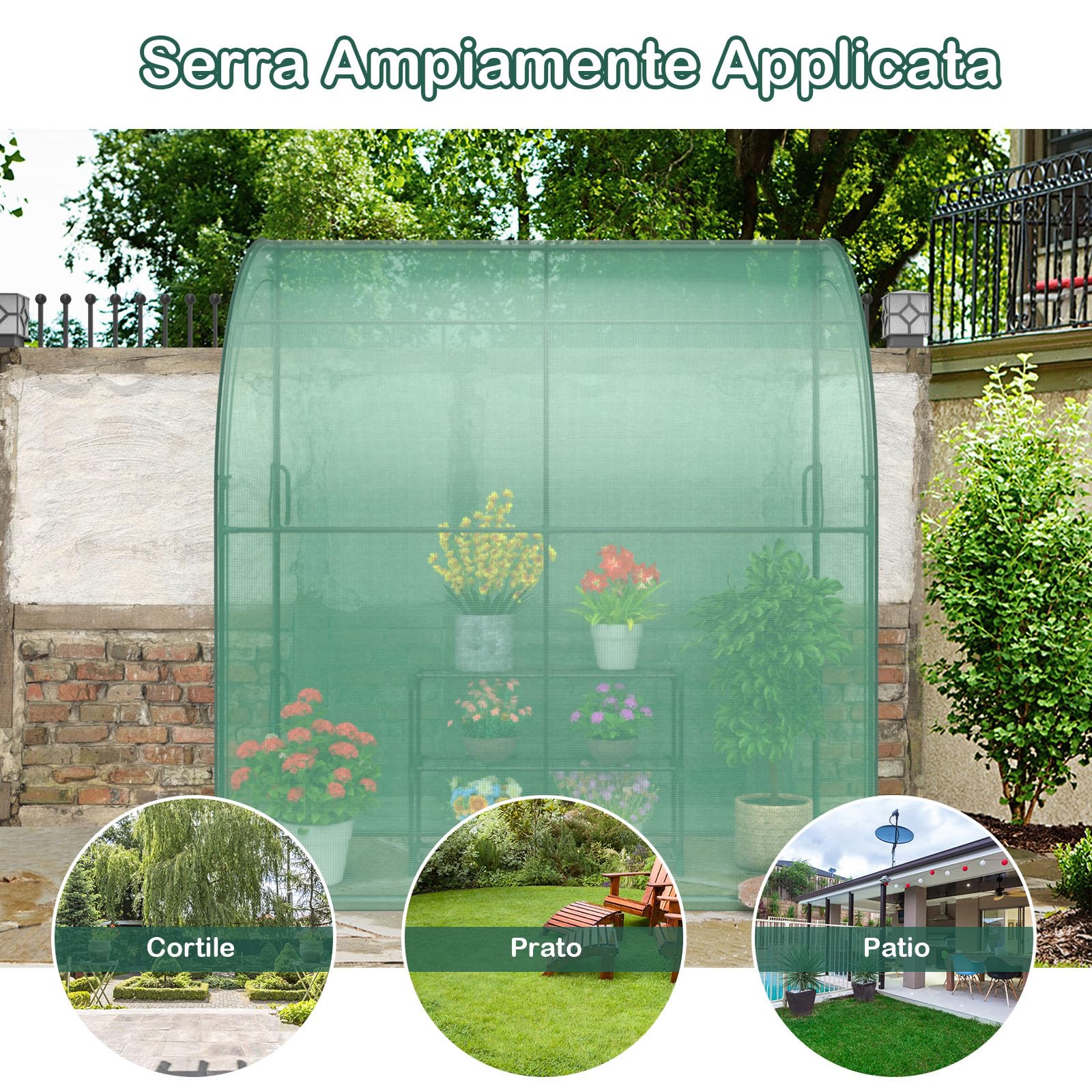 GYMAX Serra da Giardino da Parete, Mini Serra a Muro per Esterni con Ripiano a 3 Livelli, 2 Porte d’Ingresso con Cerniera, per Giardino, Cortile, 198,5 x 98 x 215 cm, Verde