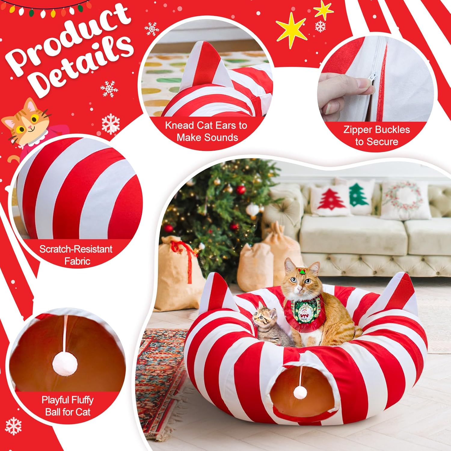 Cat Tunnel Bed with Christmas Tree Skirt, Cat Beds for Indoor Cats Tunnels with Toy Ball, Red and White Christmas Decorations Donut Tunnels for Cat Supplies Small Large Cats and Small Animals